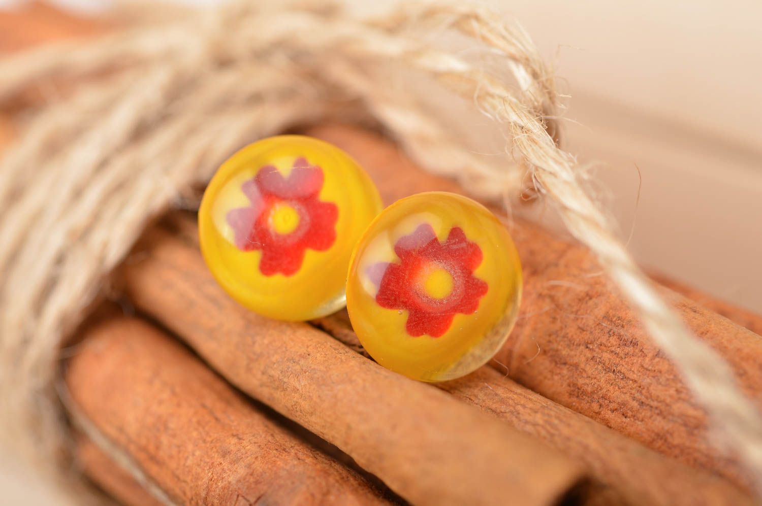 Handmade millefiory glass stud earrings yellow with red flowers small neat photo 1