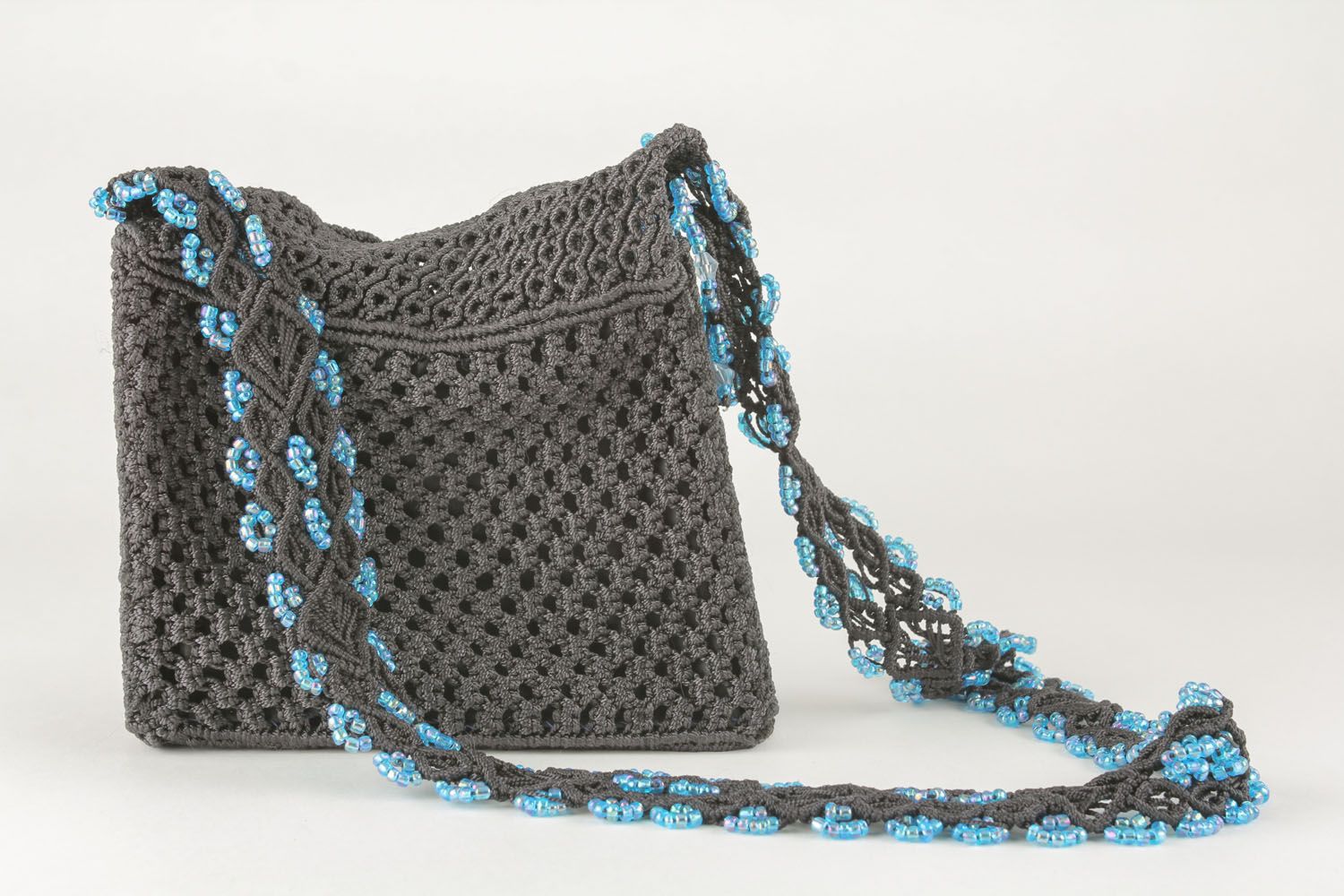 Плетеная сумка в технике макраме Серо-голубая фото 3