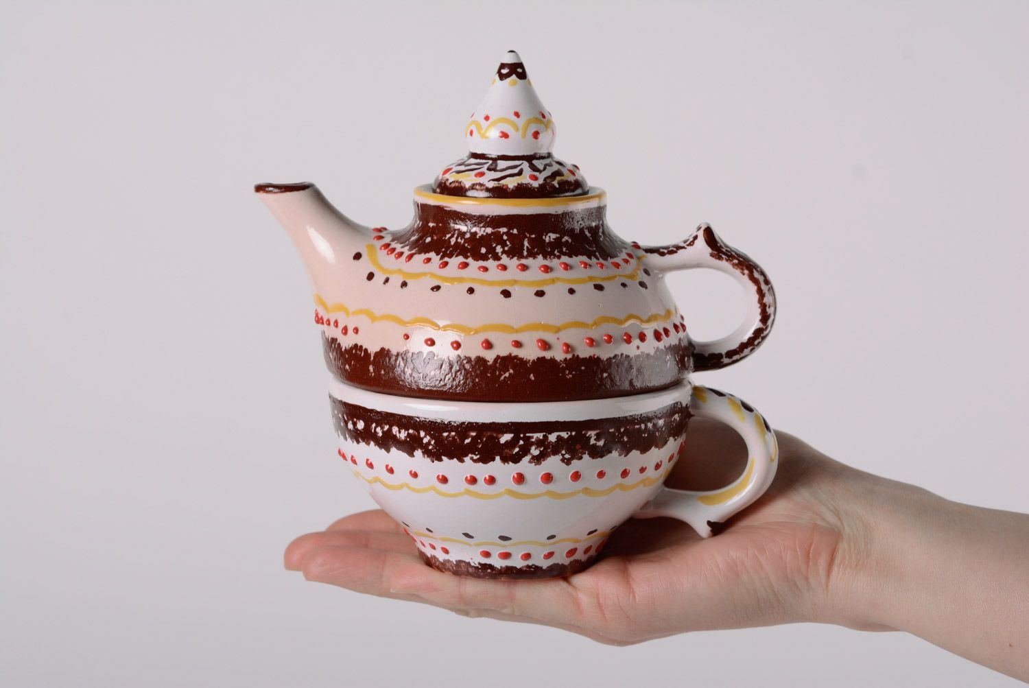 Handmade decorative glazed ornamented ceramic tea set for one teapot and cup photo 4