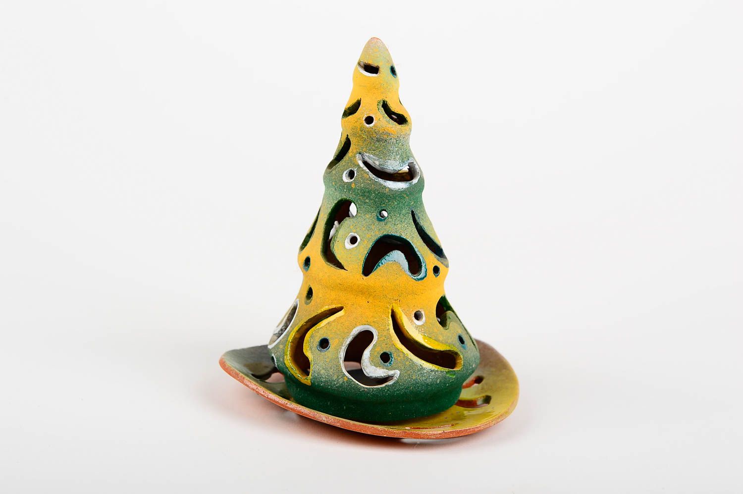 Tealight ceramic light-glow yellow Christmas tree candle holder 5,9 inches, 0,43 lb photo 1