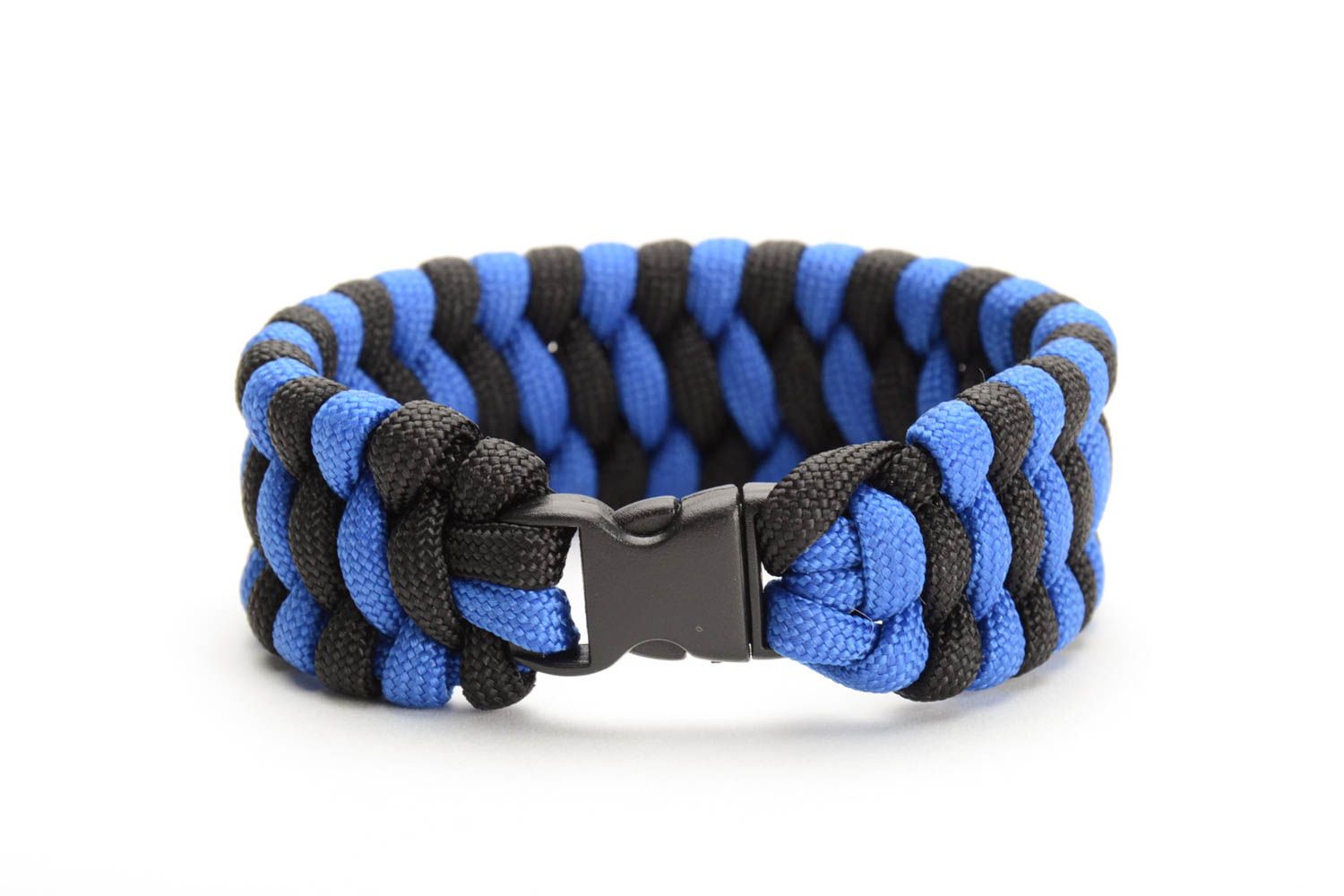 Black and blue handmade wide woven wrist bracelet with plastic fastener photo 3