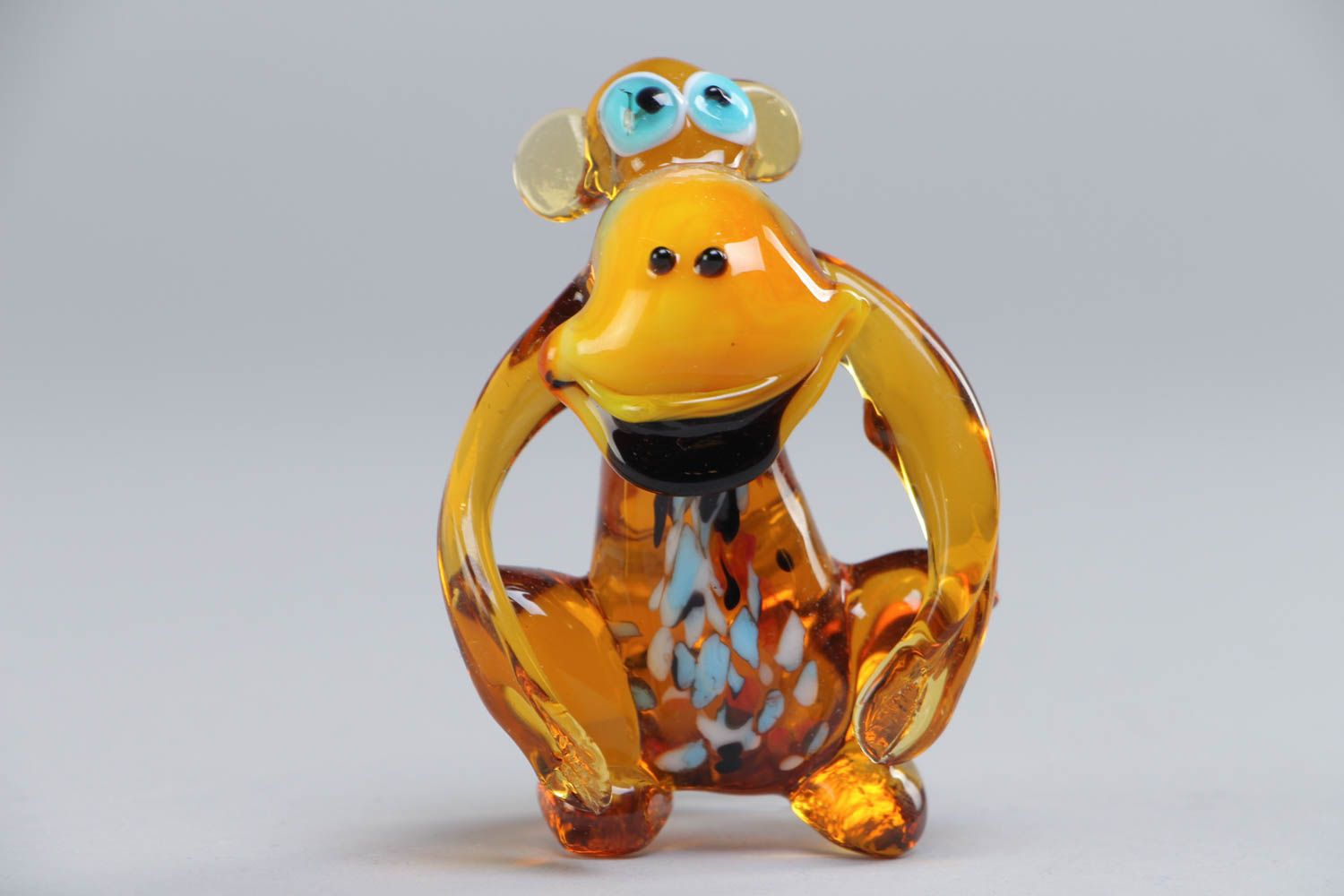 Handmade collectible lampwork glass miniature animal figurine of yellow monkey photo 2