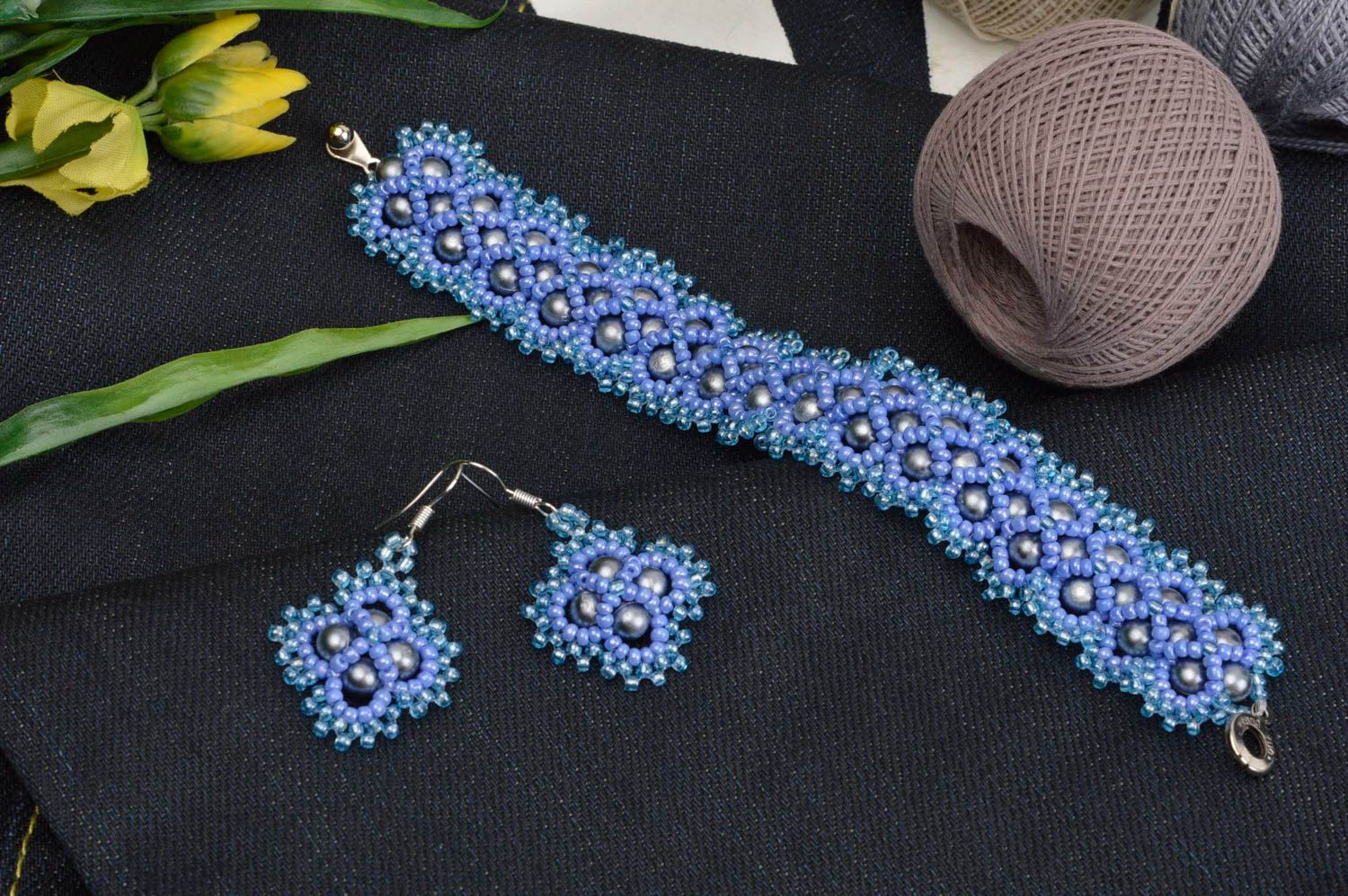 Unusual earrings designer bracelet handmade jewelry set beaded accessories photo 1
