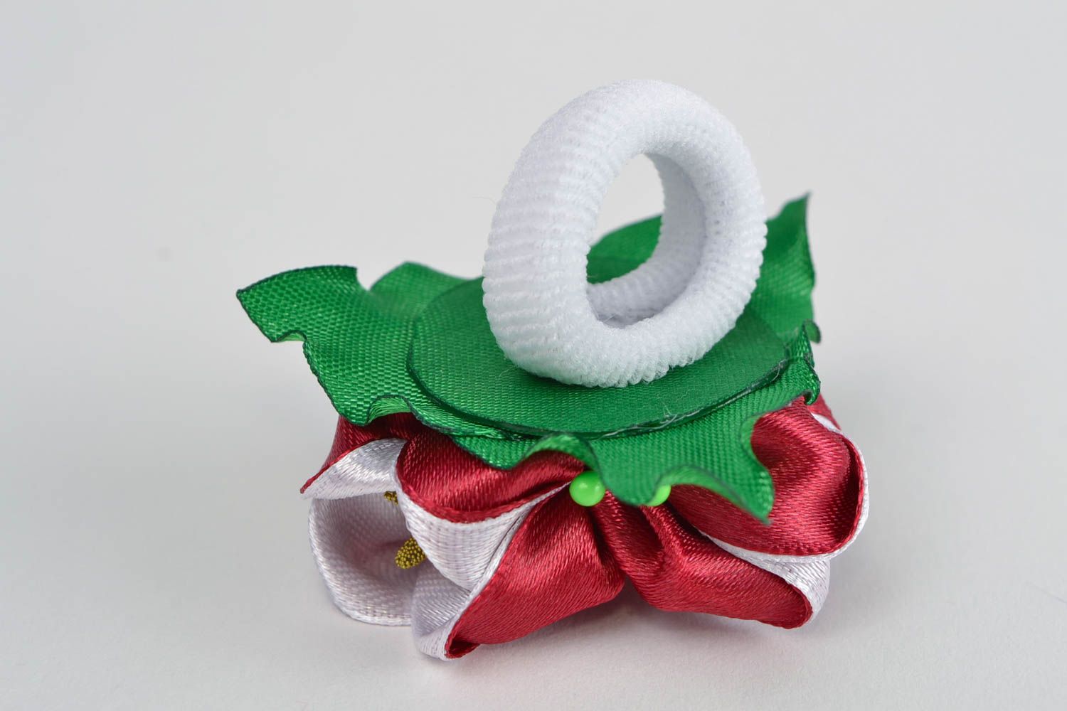 Children's handmade satin ribbon flower hair tie of red color photo 5