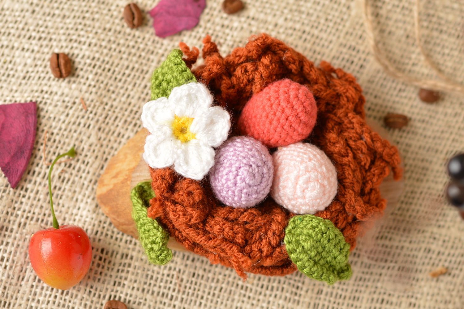 Handmade interior table decoration Easter basket crocheted with colorful eggs photo 1