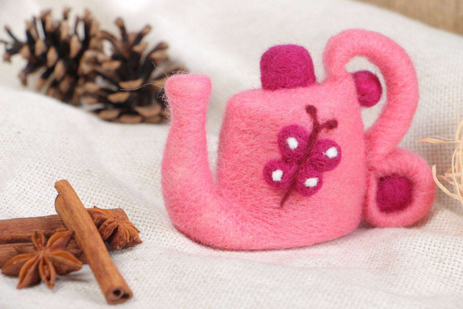 Handmade decorative figurine felted of natural wool Pink Teapot photo 1