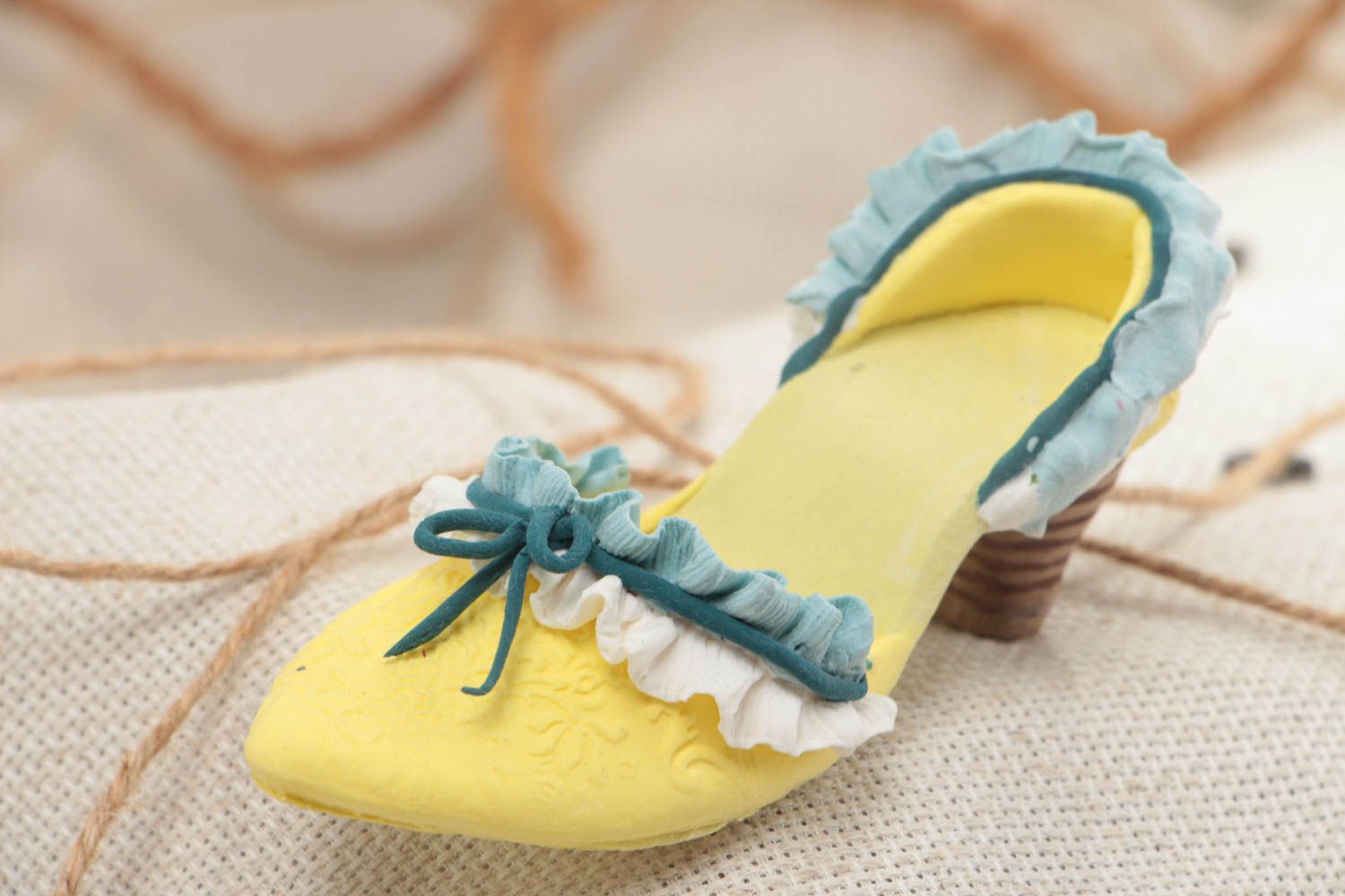 Handmade decorative polymer clay figurine of yellow and blue shoe for interior photo 1