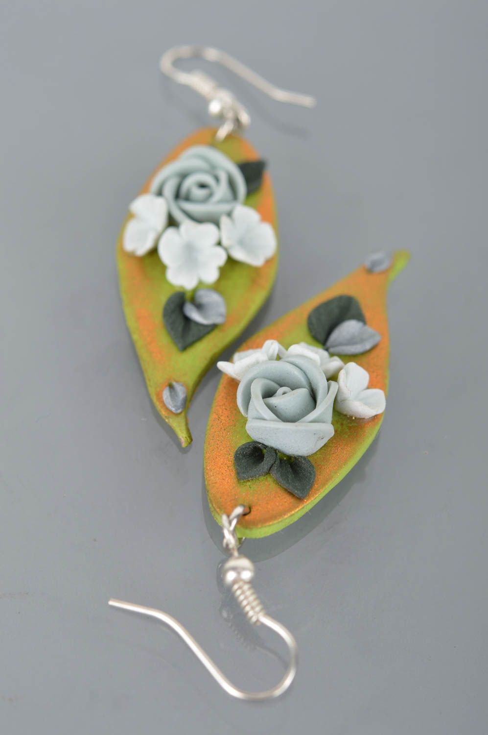 Designer earrings with flowers made of polymer clay handmade molded accessory photo 5