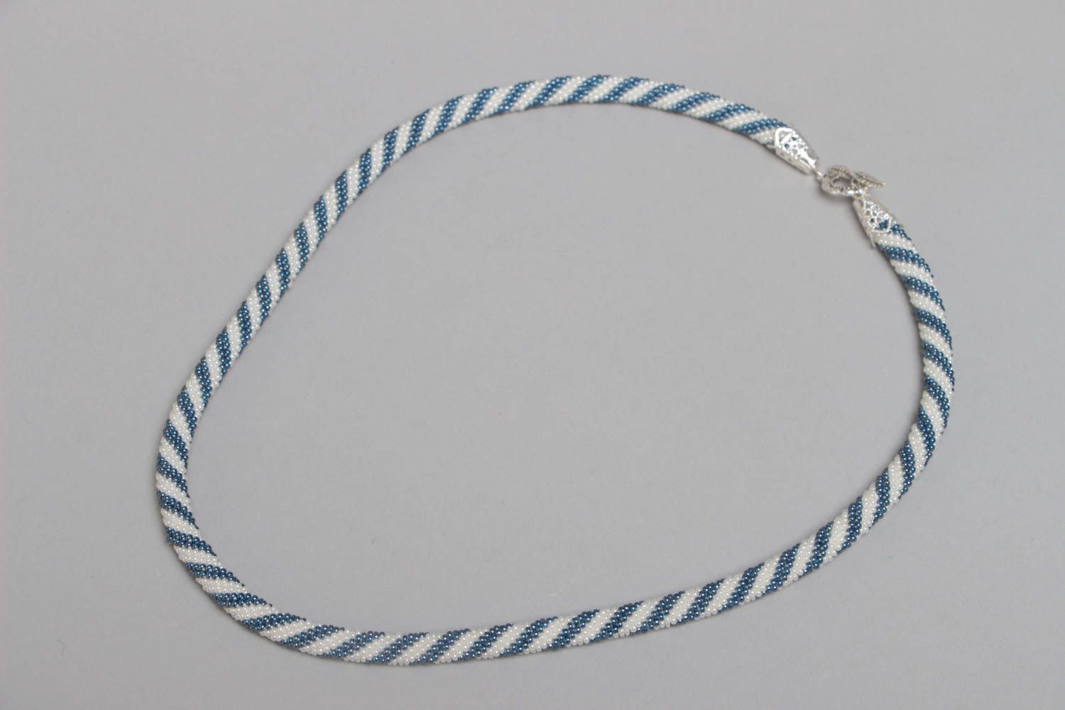 Handmade designer long striped white and blue beaded cord necklace for women photo 2