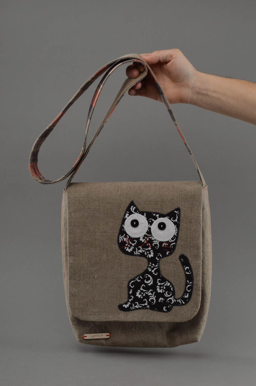 Handmade designer linen bag with two handles with black and white kitten photo 4