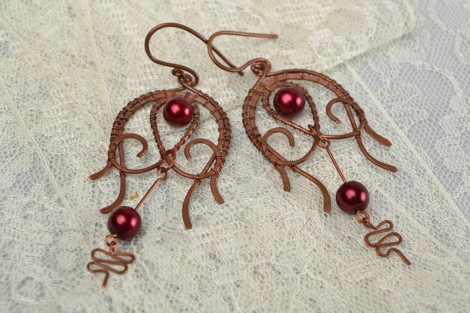 Unusual handmade large long wire wrap copper earrings with beads photo 1