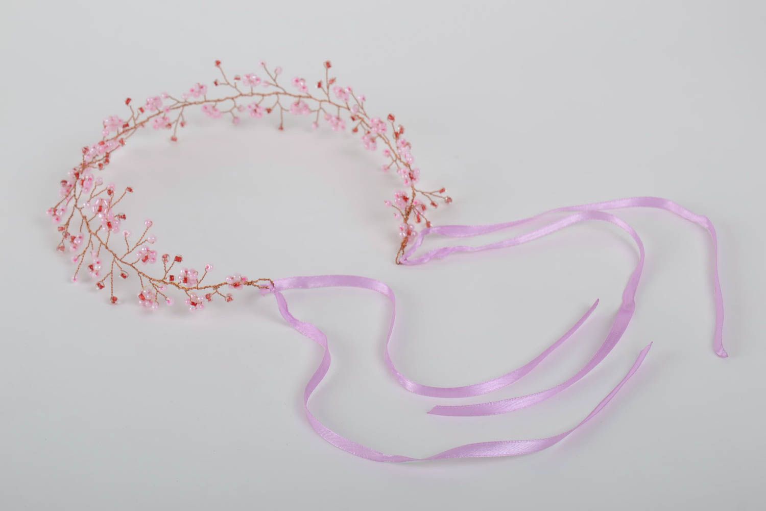 Tender handmade elegant headband with beaded pink flower and satin ribbons photo 2
