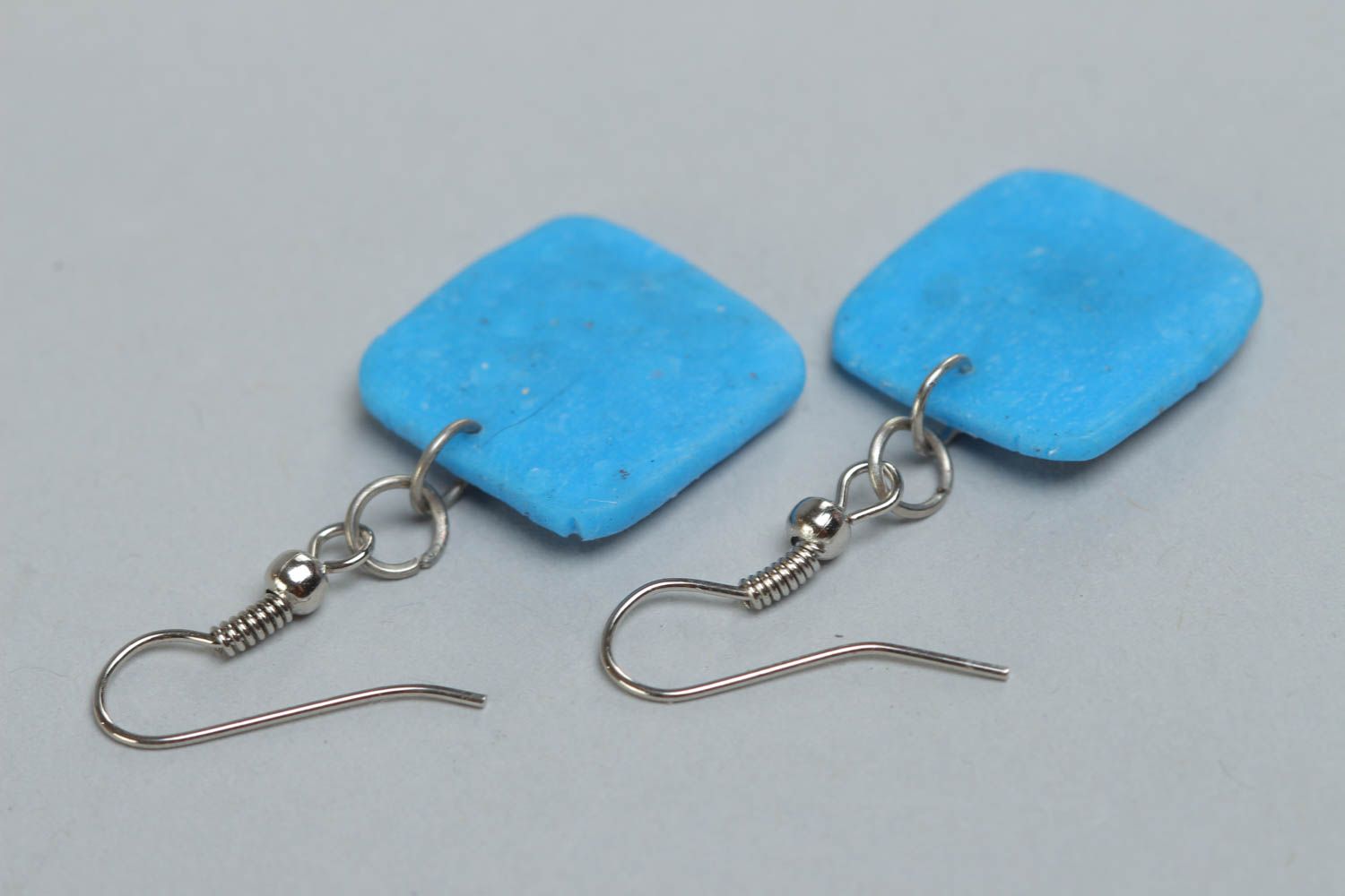 Handmade blue square polymer clay dangling earrings with ethnic ornament photo 4