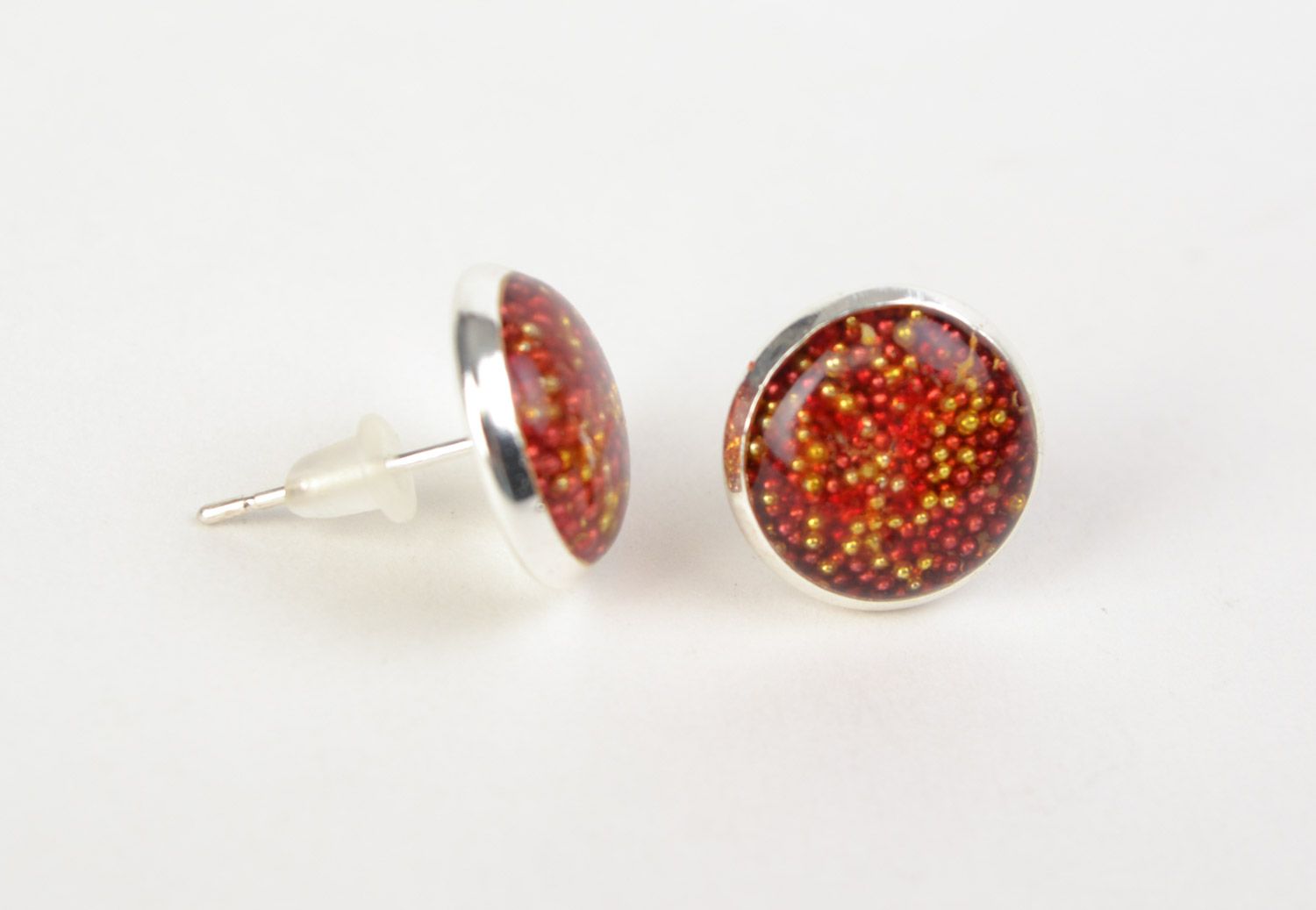 Handmade round epoxy resin stud earrings of red and yellow colors for women photo 4