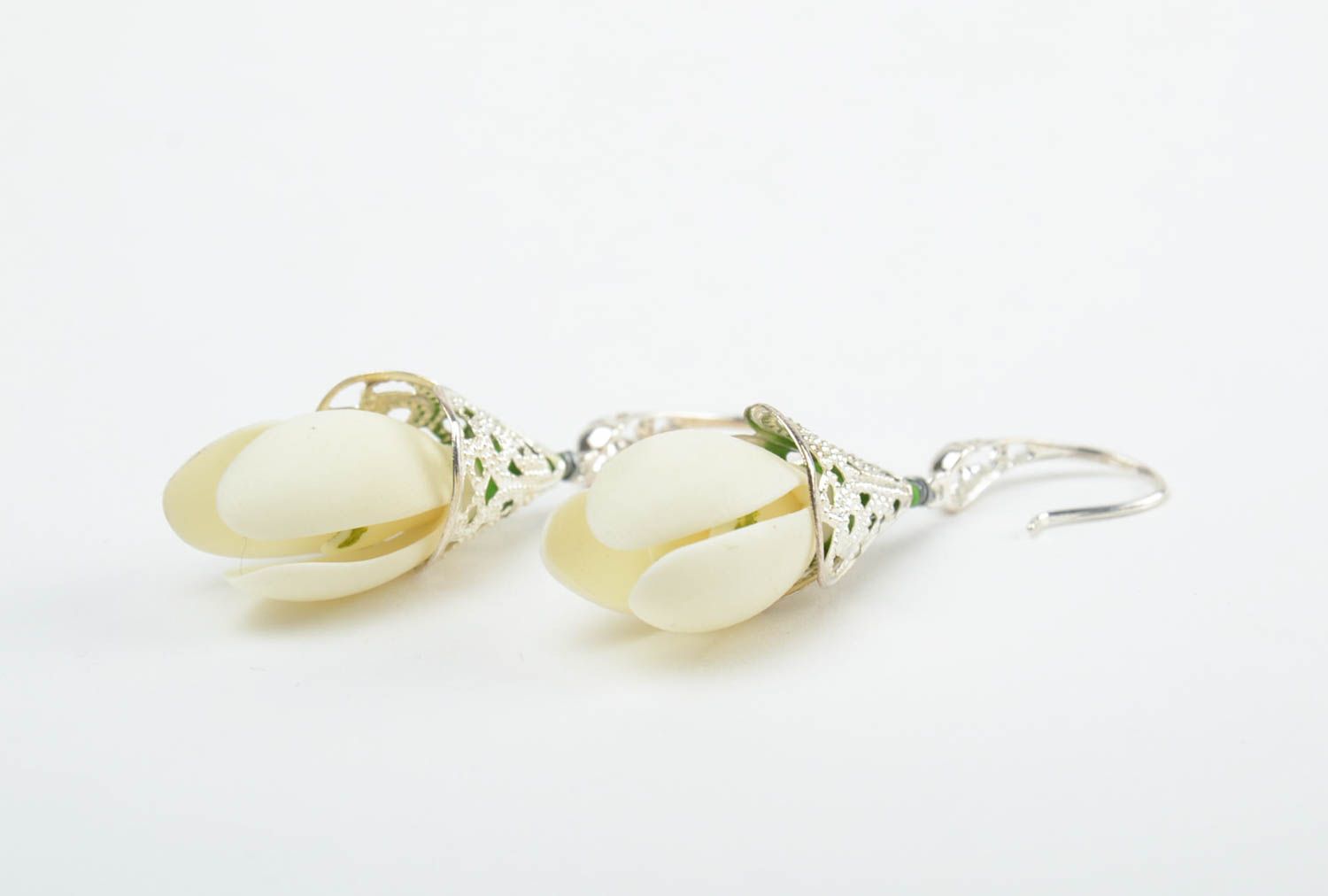 Handmade tender dangling earrings with white cold porcelain snowdrop flowers photo 4