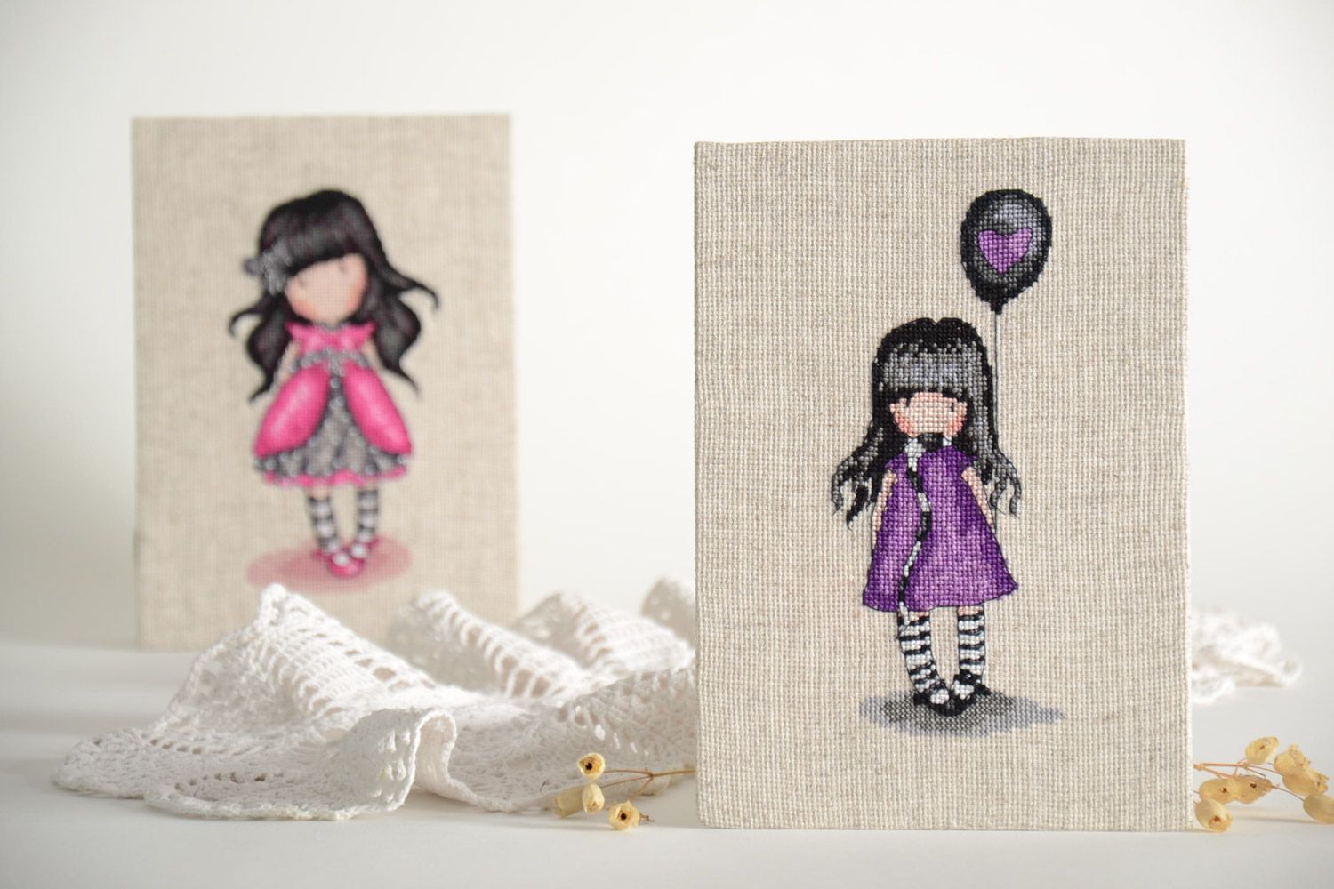 Handmade small embroidered wall picture Girl in violet dress with balloon photo 1