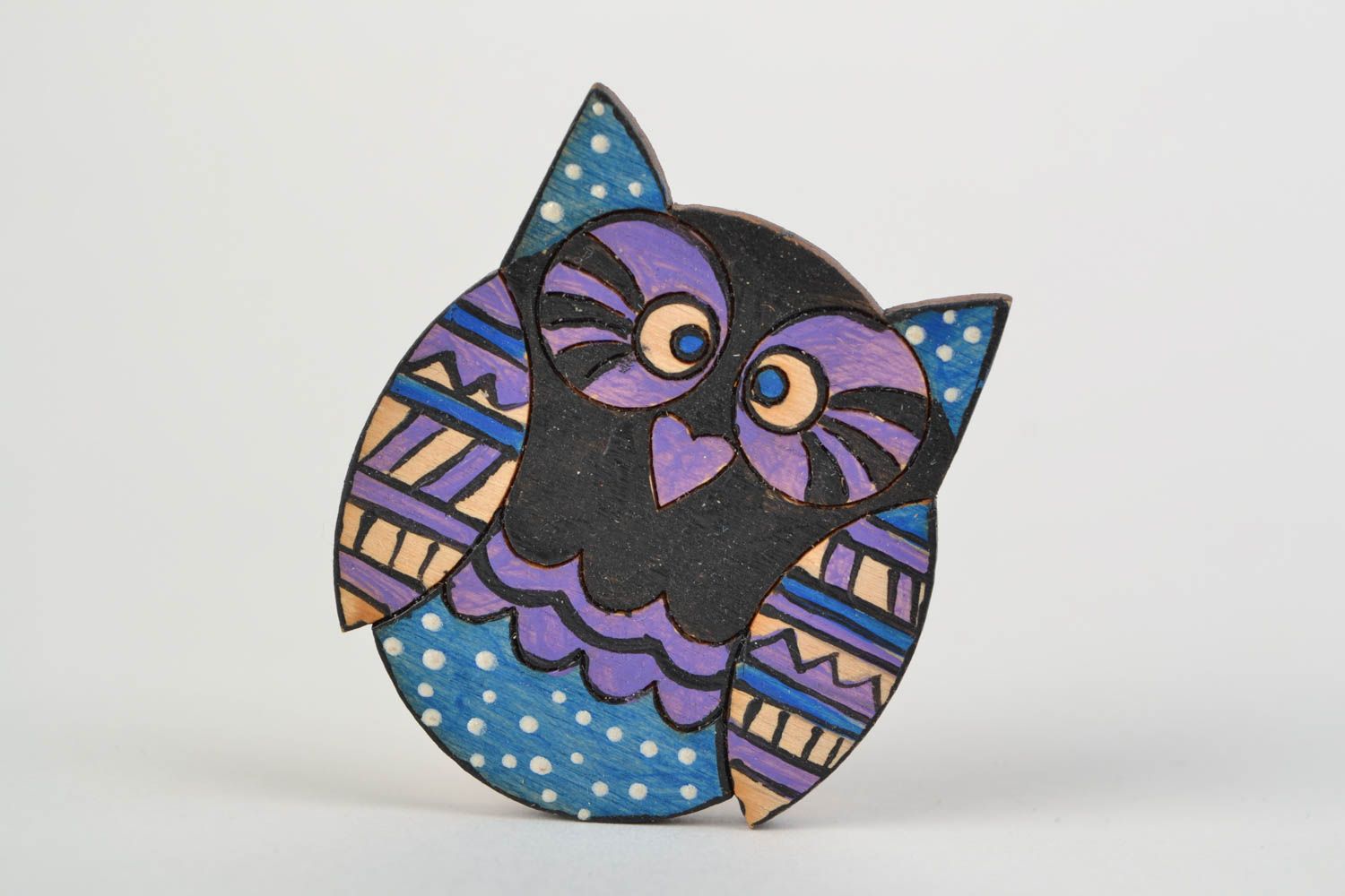 Designer handmade brooch made of wood with painting cute stylish owl photo 1