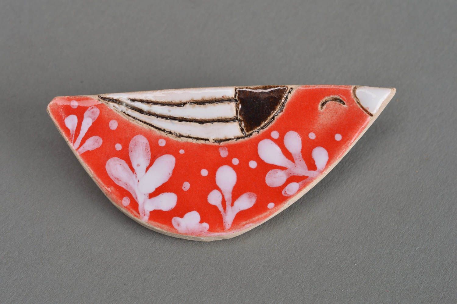 Unusual handmade designer red clay brooch in the shape of bird photo 1