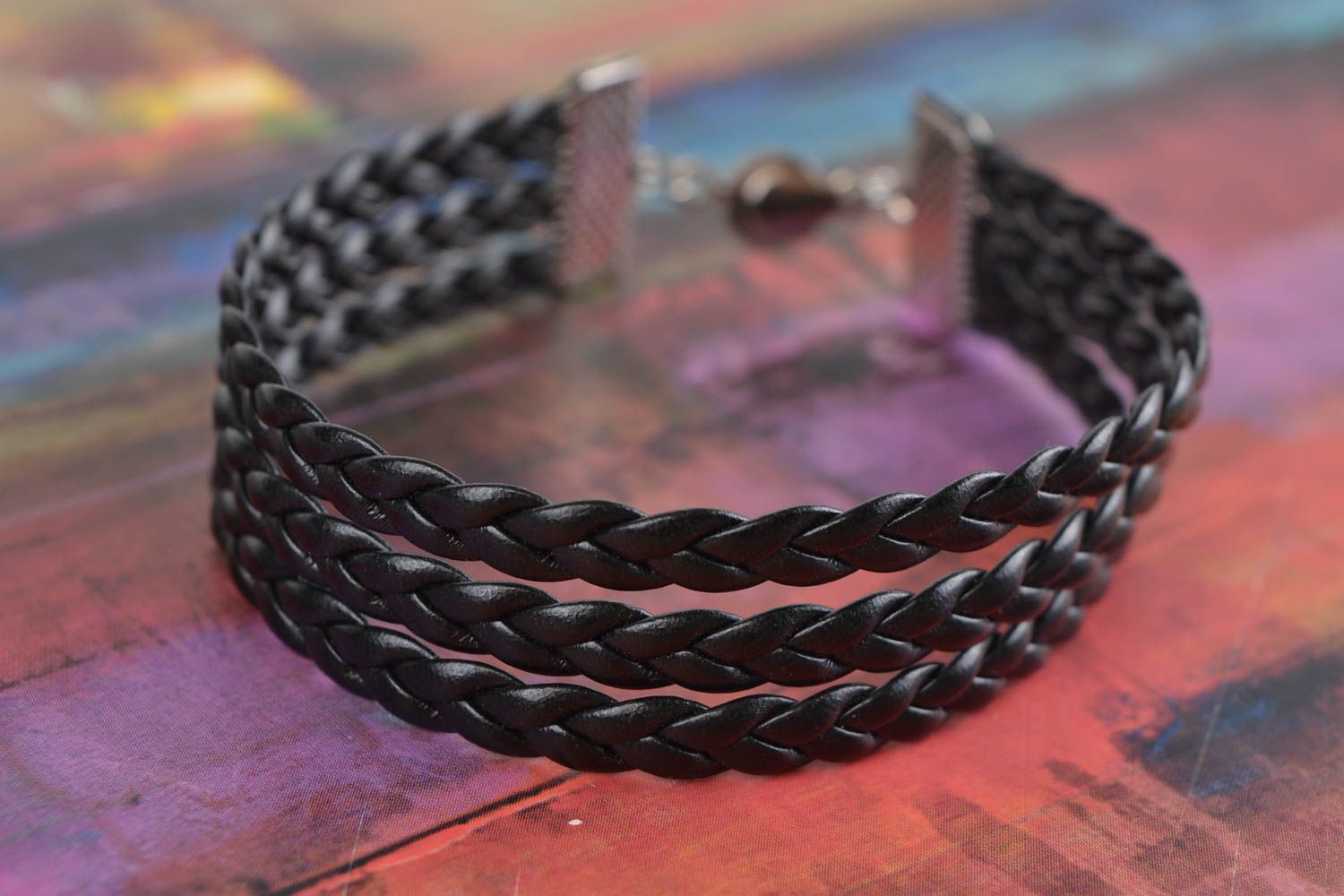 Unusual stylish handmade designer black braided faux leather bracelet photo 1