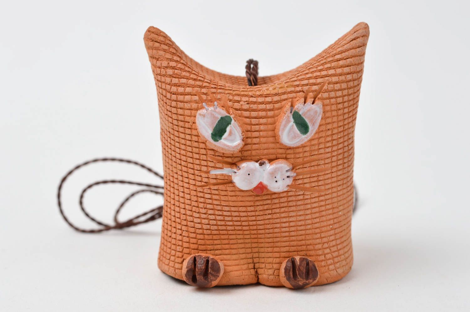 Ton Glöckchen handmade Deko zum Aufhängen Anhänger Keramik Katze Figur braun foto 1