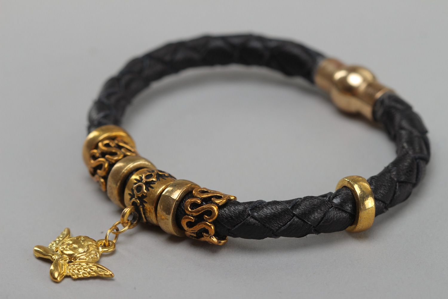 Handmade black genuine leather wrist bracelet with metal charm for women photo 2