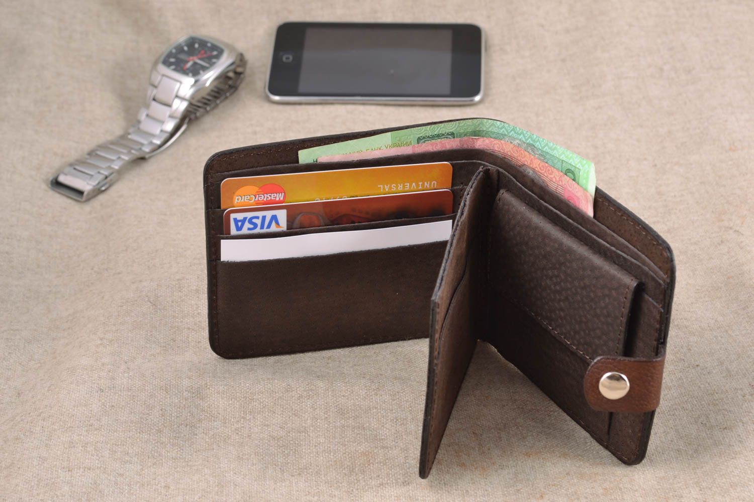 Handgemachte Brieftasche aus Leder für Männer Braun foto 1