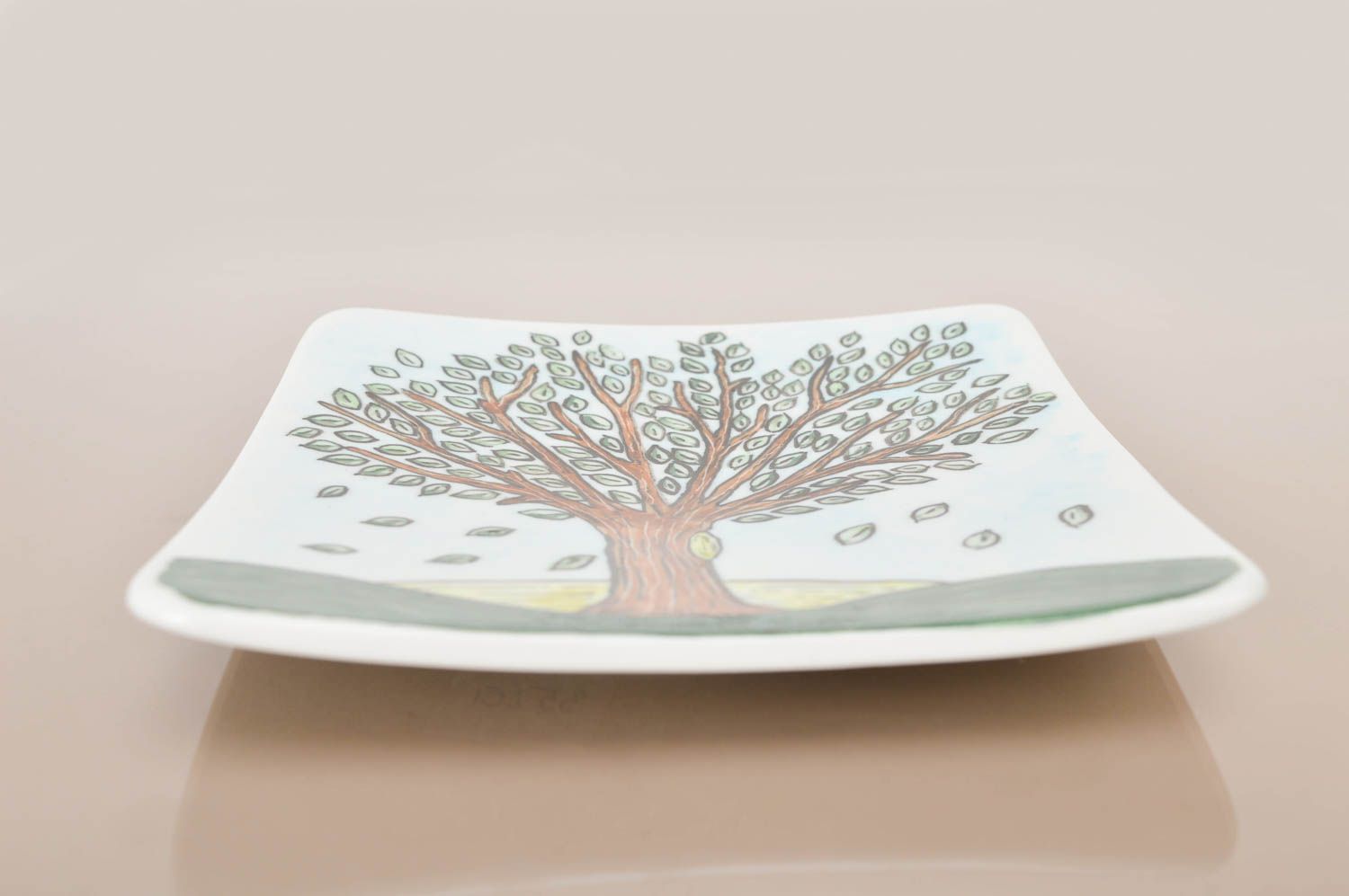 Handmade Deko Porzellanteller weiß Teller quadratisch originelles Geschenk Baum foto 3