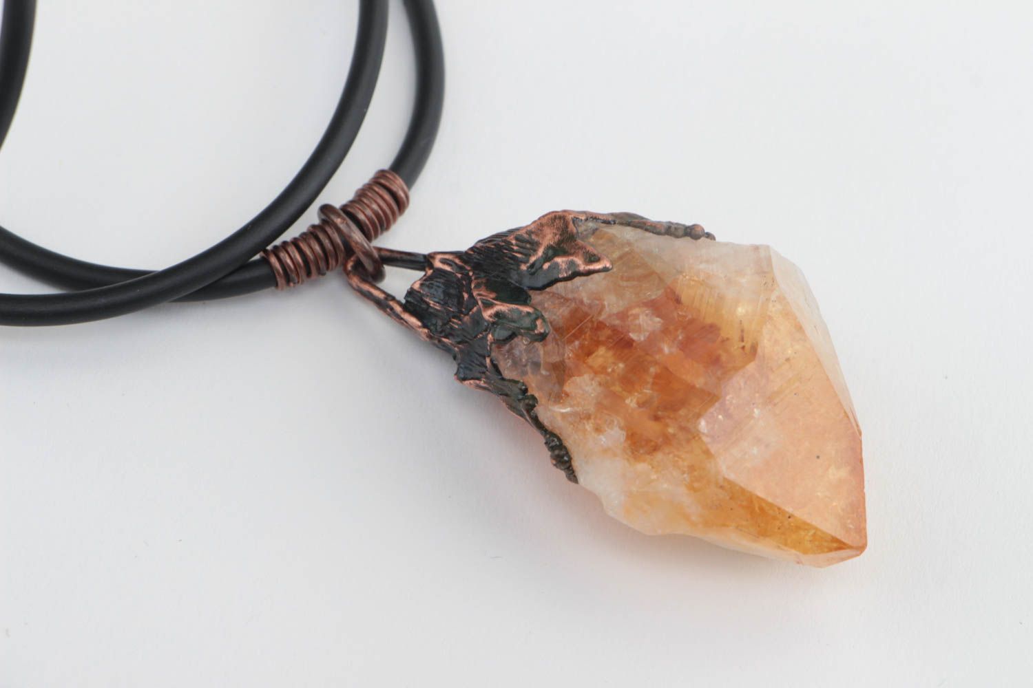 Handmade designer copper pendant necklace with citrine crystal on rubber cord photo 2
