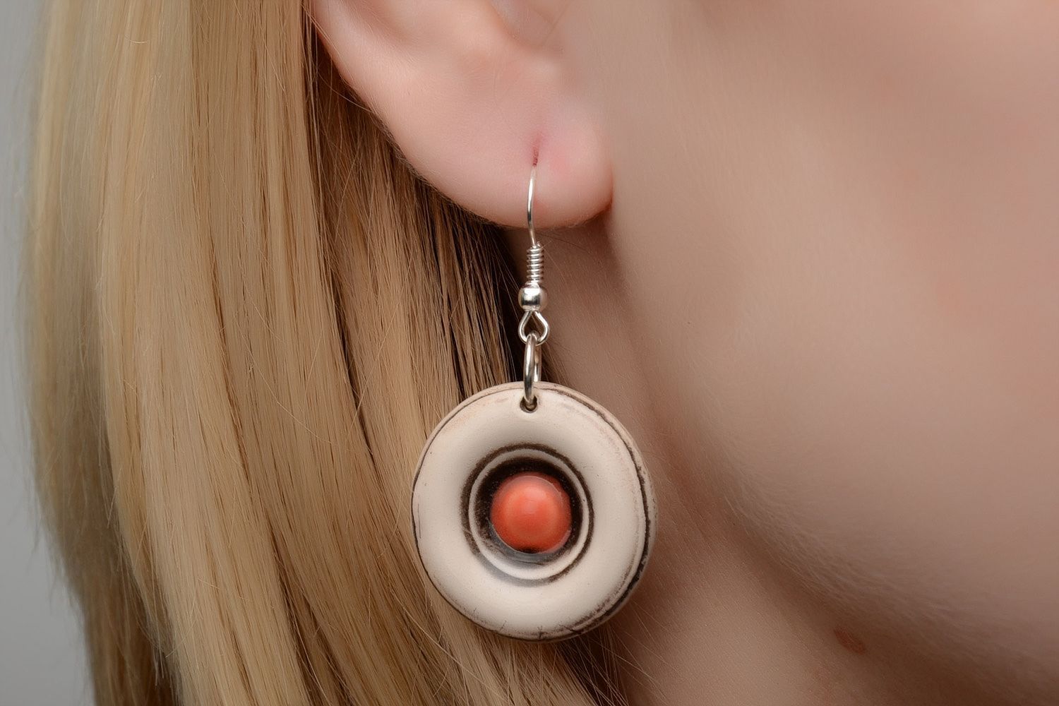 Light beige handmade white clay large earrings painted with enamels photo 2