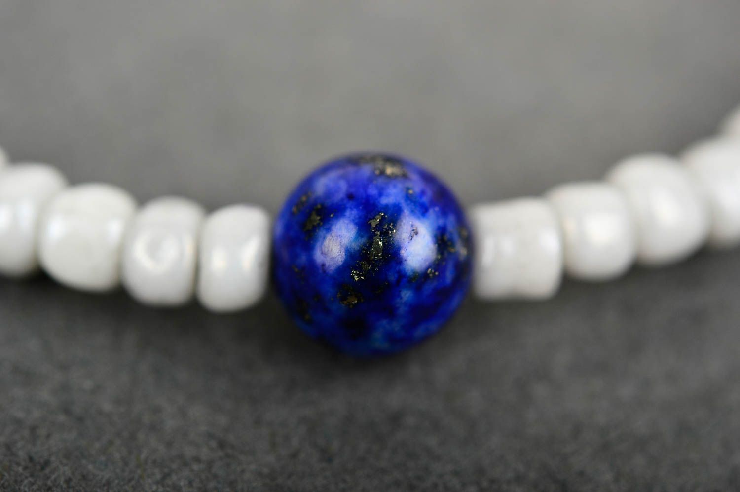 Elegant natural beads white beaded bracelet with a central dark blue bead for teen girls photo 4
