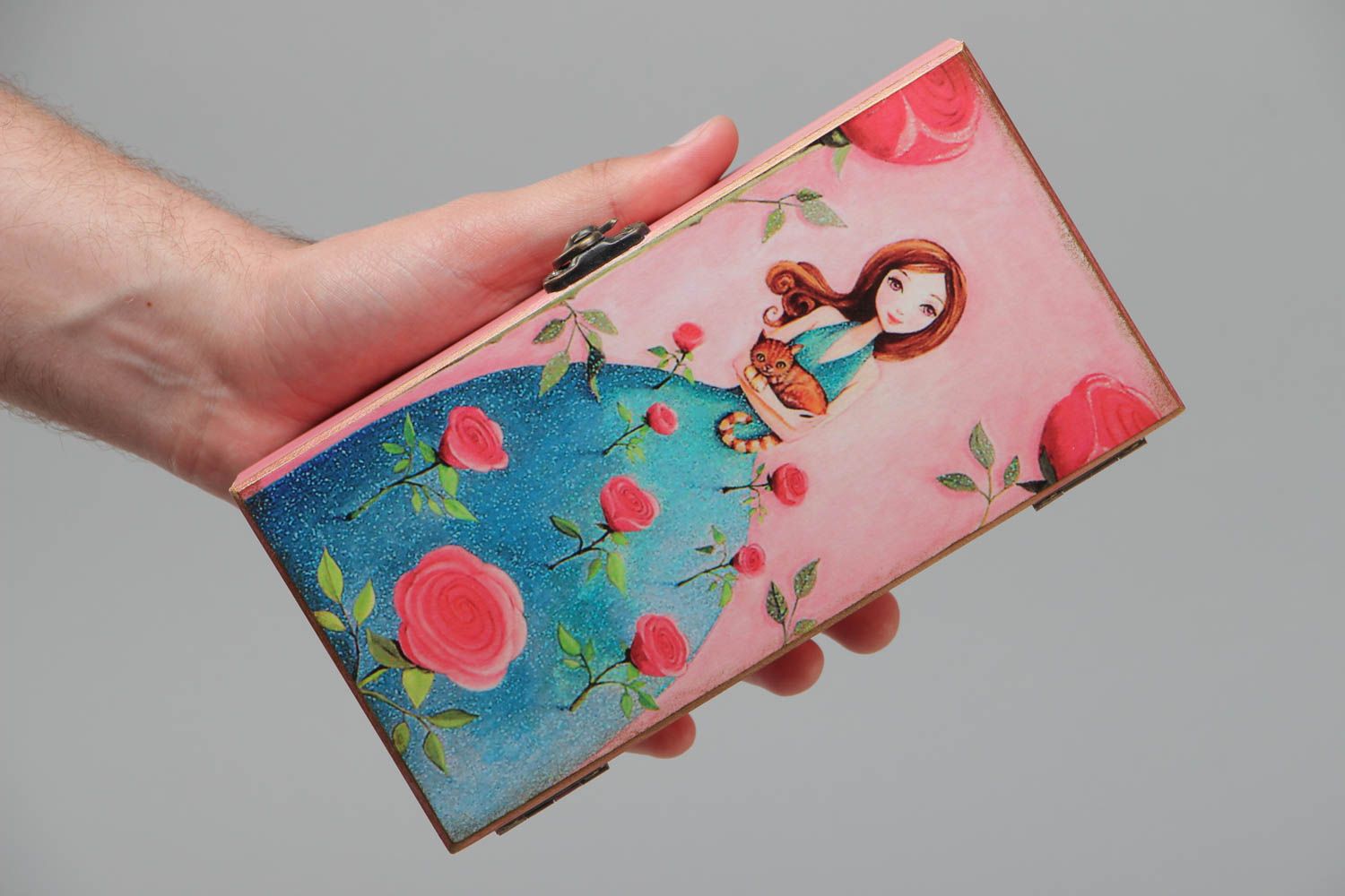 Boîte à bijoux en bois rose peinte à l'acrylique avec princesse faite main photo 5