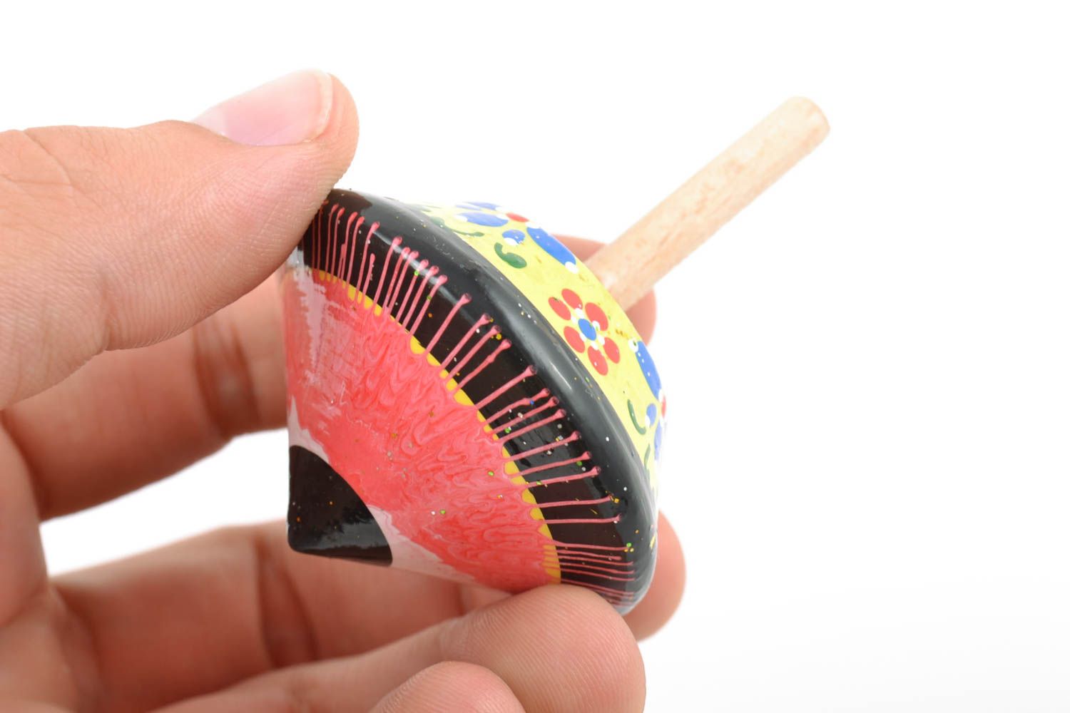 Colorful painted handmade wooden spinning top of small size for children photo 2