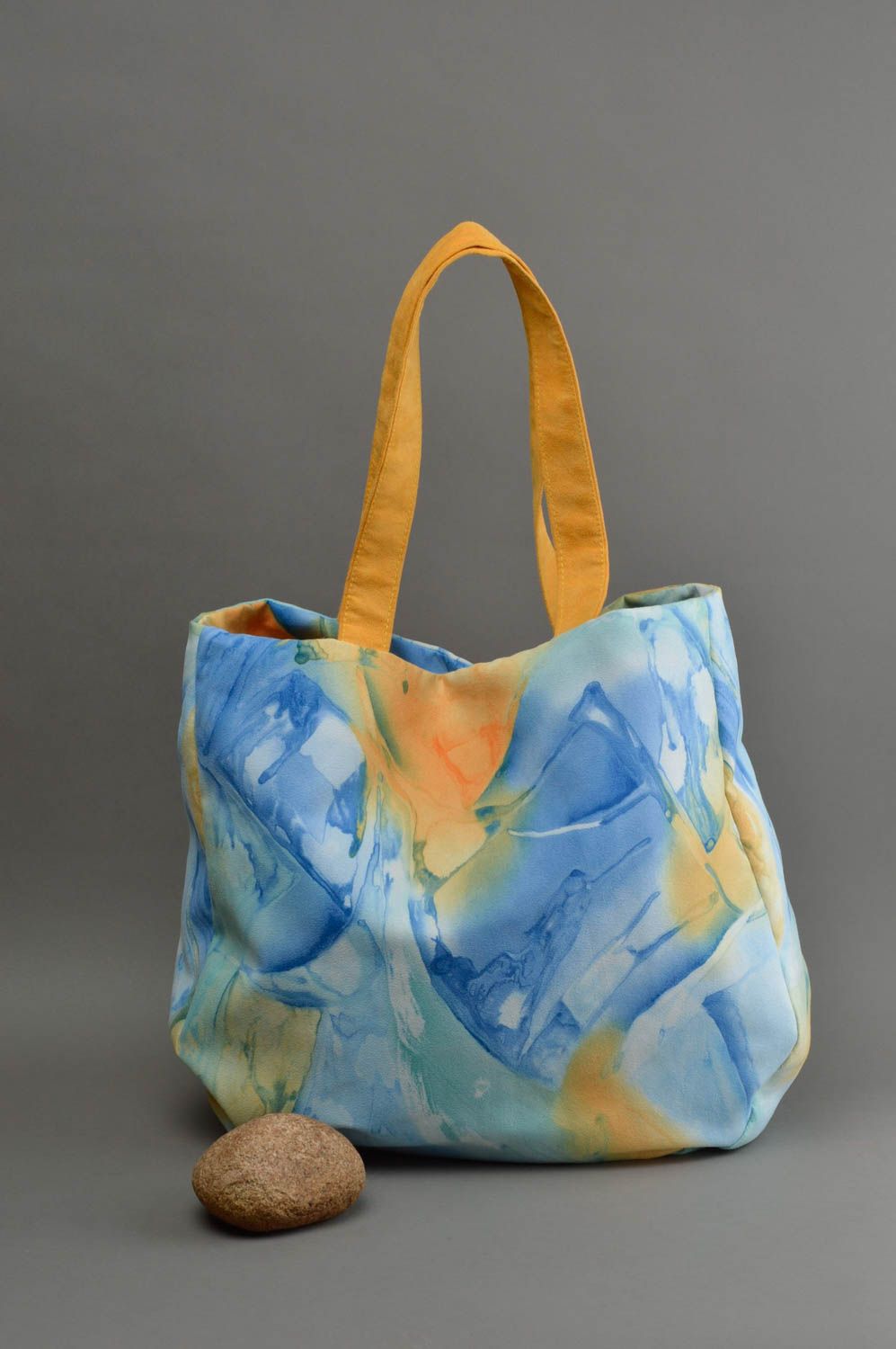 Grand sac à main en daim artificiel fait main bleu-orange fermoir aimanté photo 1