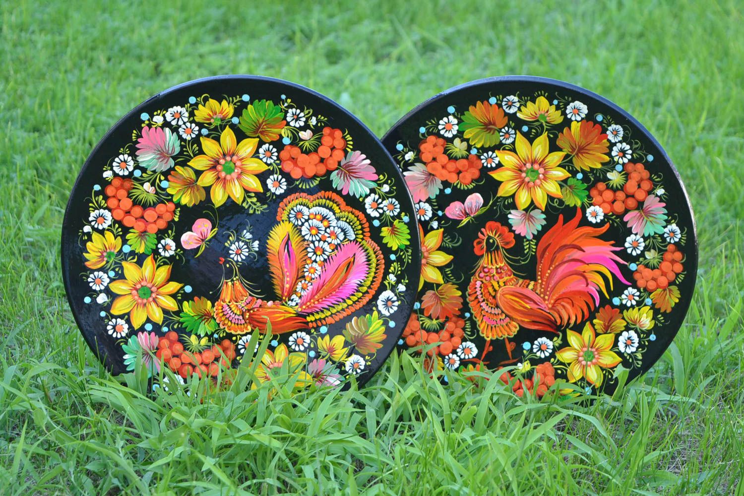 Set of 2 handmade decorative wall plates painted wooden plates gift ideas photo 1