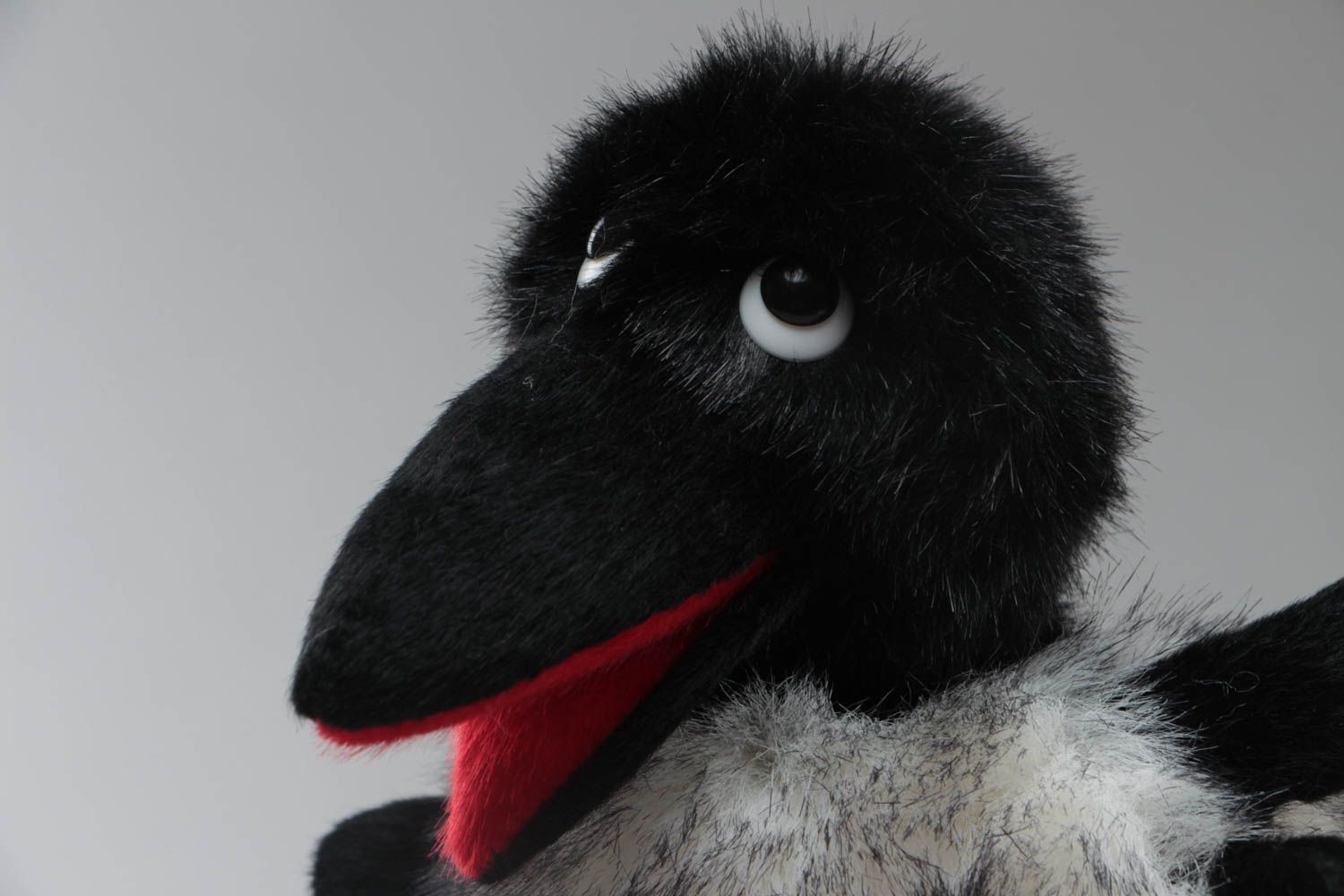 Handmade soft toy glove puppet sewn of black and gray faux fur Crow for kids photo 3