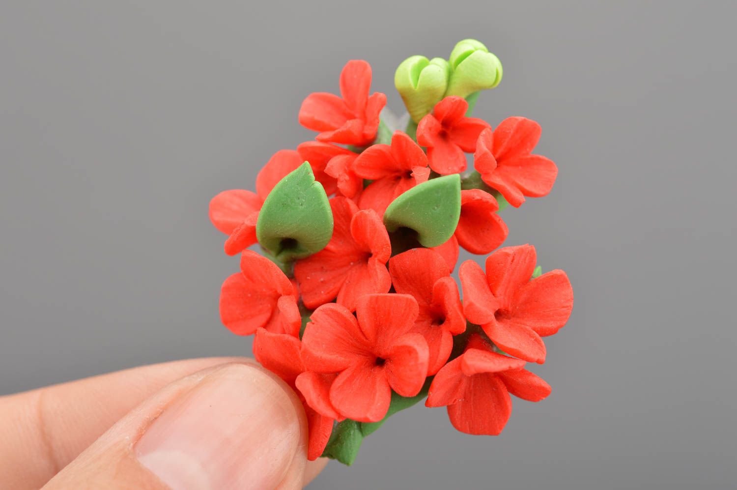 Handmade beautiful cute red flower brooch made of polymer clay Bouquet  photo 2