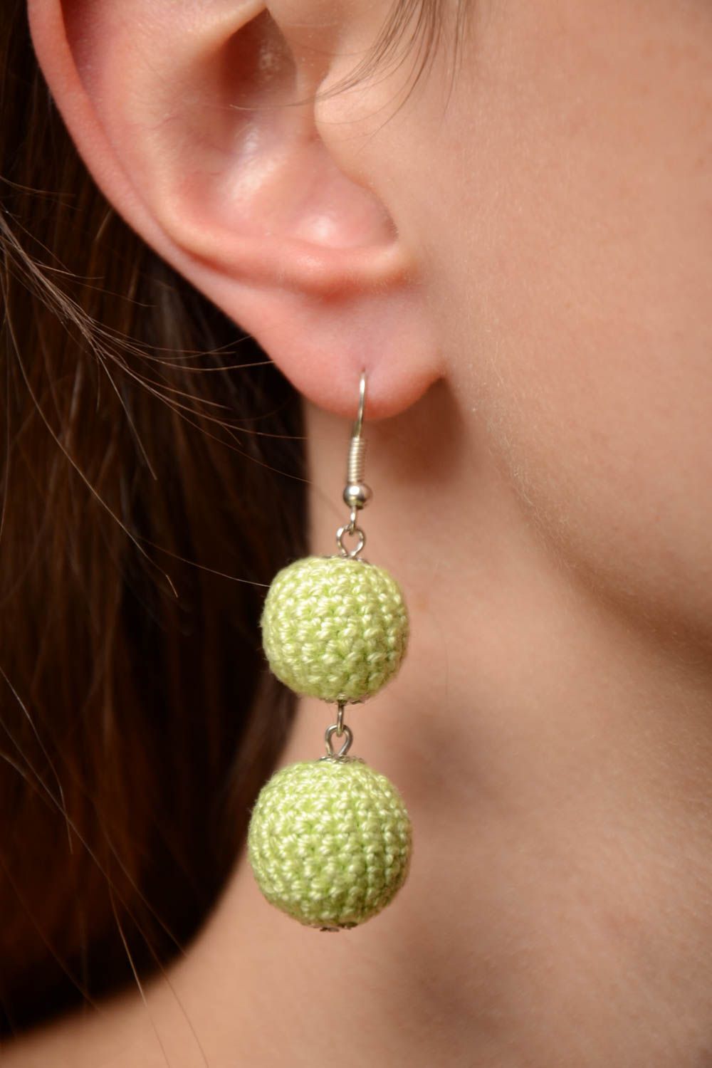 Handmade designer beautiful crochet ball earrings of gentle color photo 2