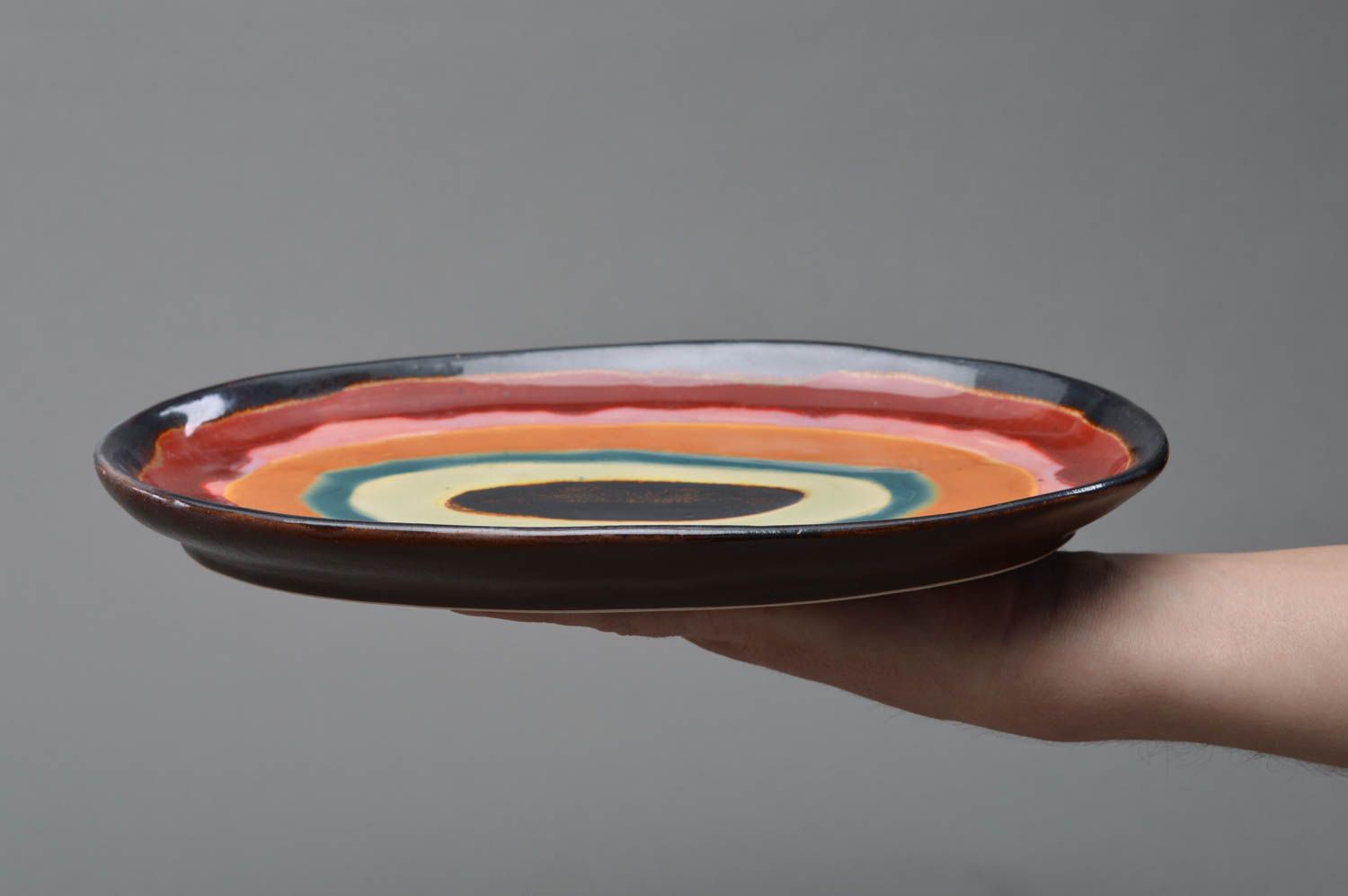 Handmade decorative oval shaped flat colorful bright glazed porcelain dish  photo 4