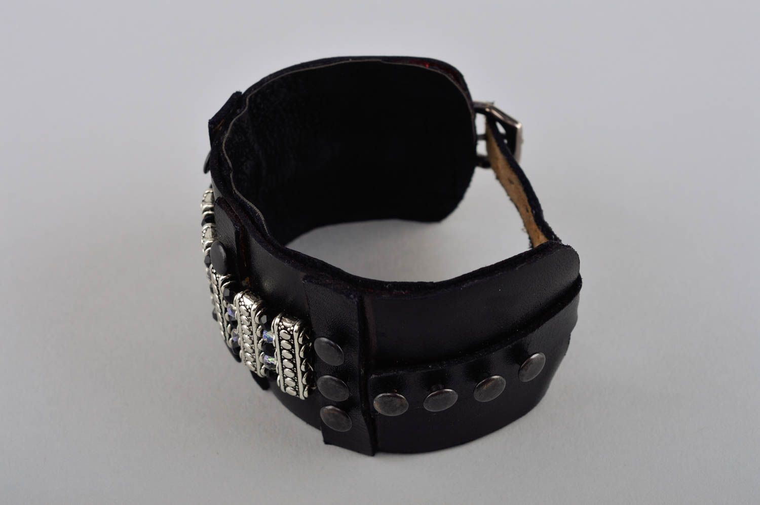 Bracelet noir Bijou fait main cuir cristaux design tendance Cadeau femme photo 4