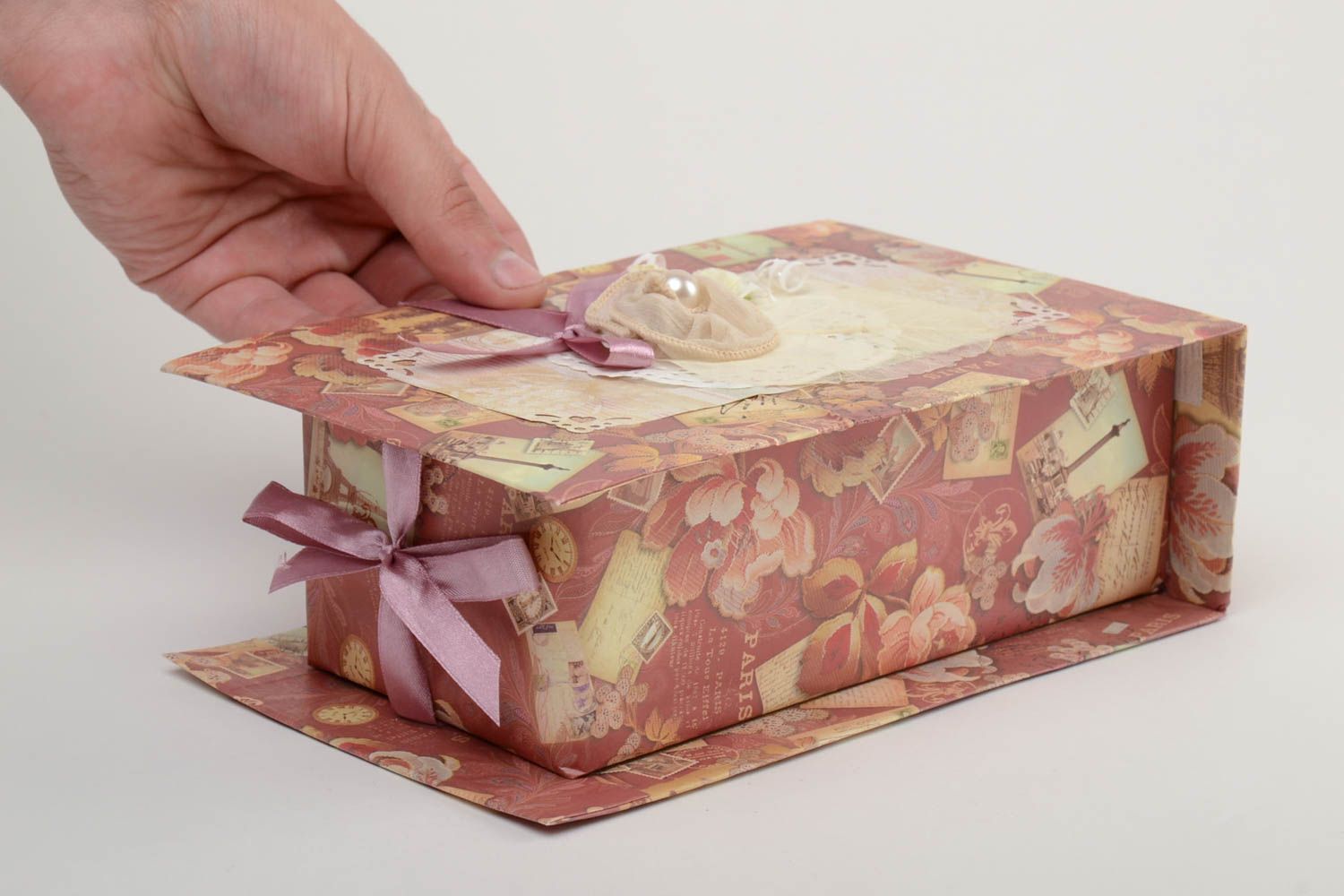 Decorative handmade box for gifts with ribbons and cloth inside made of cardboard photo 5
