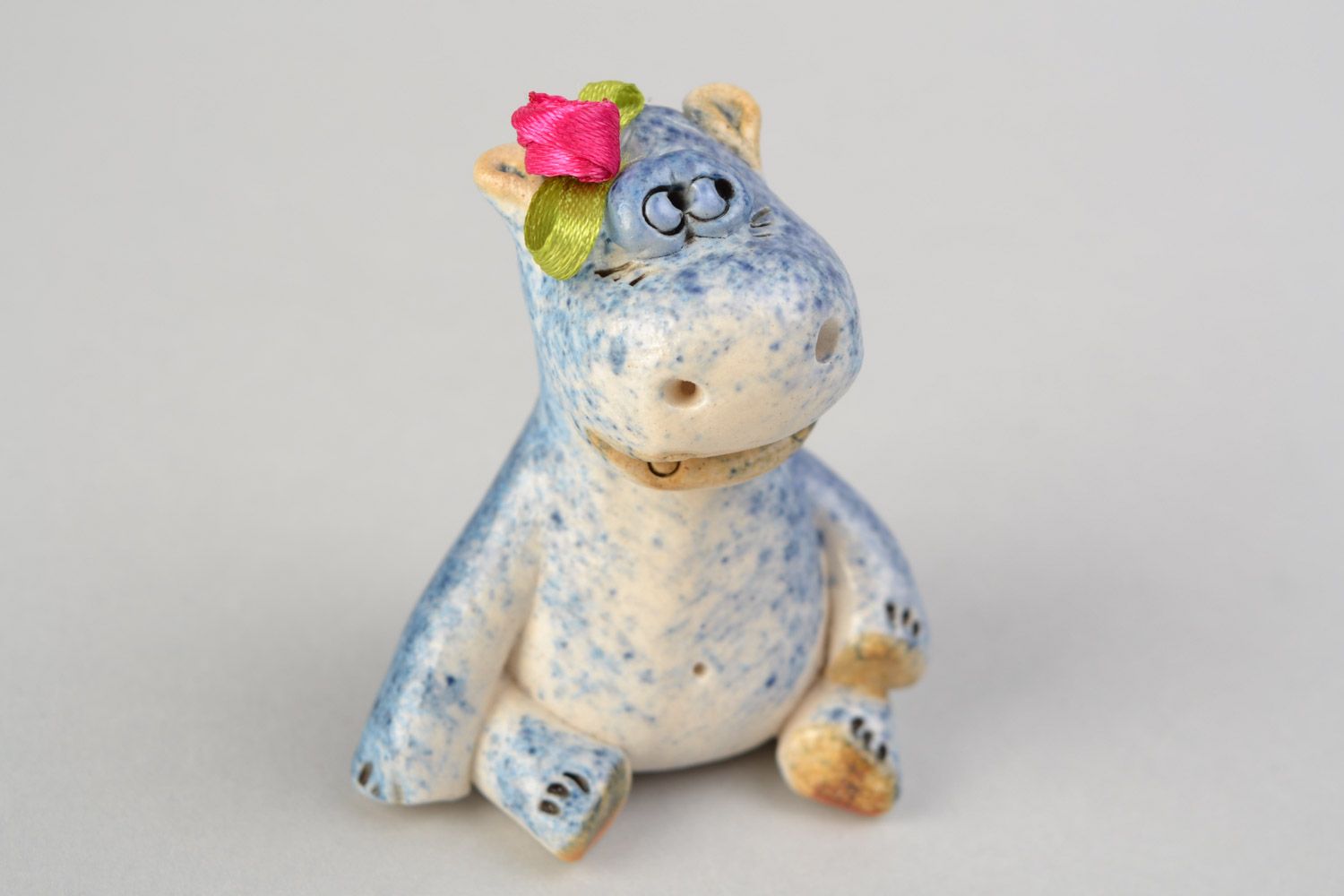 Handmade funny ceramic figurine of small hippo painted with acrylics table decor photo 1