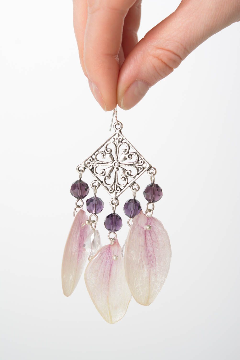 Handmade botanic earrings with orchid petals in epoxy resin large summer accessory photo 5