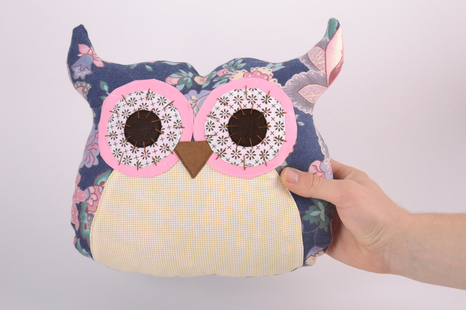 Handmade decorative soft pillow pet sewn of fabric Violet Owl for children photo 5