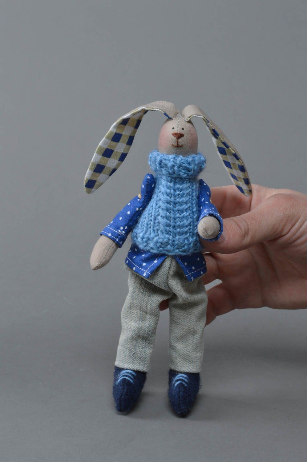 Handmade decorative toy made of cotton and denim fabrics doll hare for children photo 4