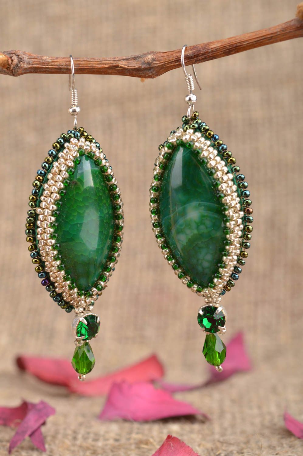 Glasperlen Ohrringe aus Achat in Grün handgemacht schön lang Abend Schmuck  foto 1