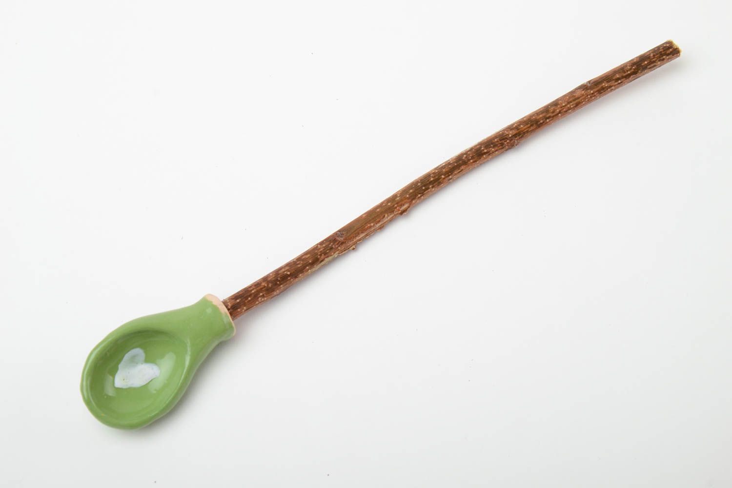 Glazed green handmade designer clay spoon with apricot branch handle photo 2