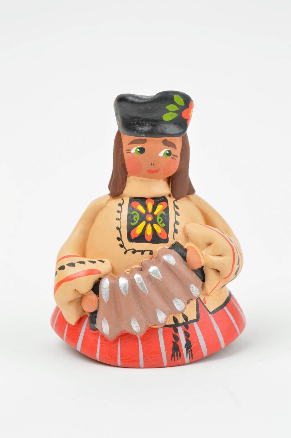 Cloche céramique faite main en argile rouge décoration Fille avec accordéon photo 2