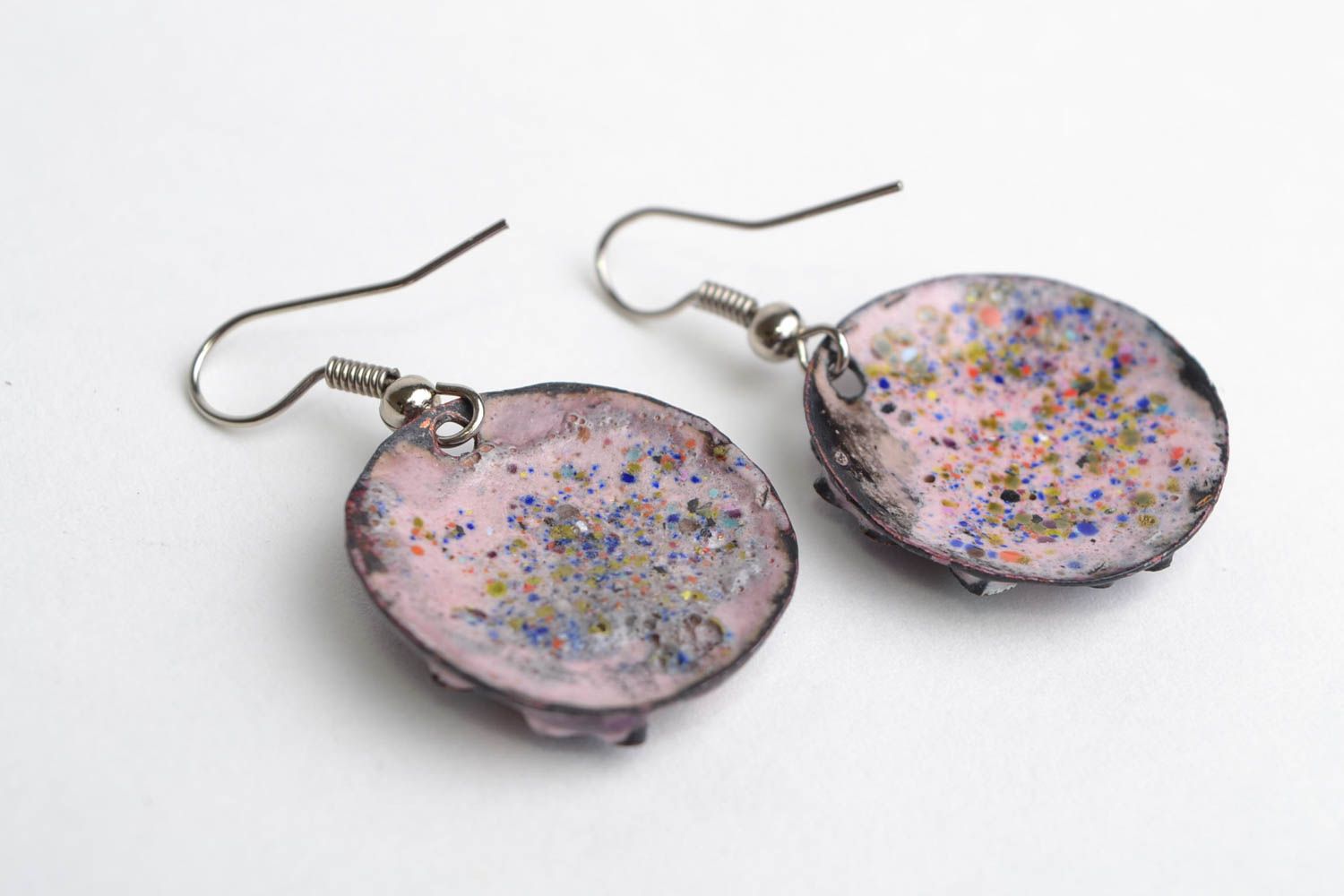 Handmade designer enameled copper round dangling earrings violet palette photo 5