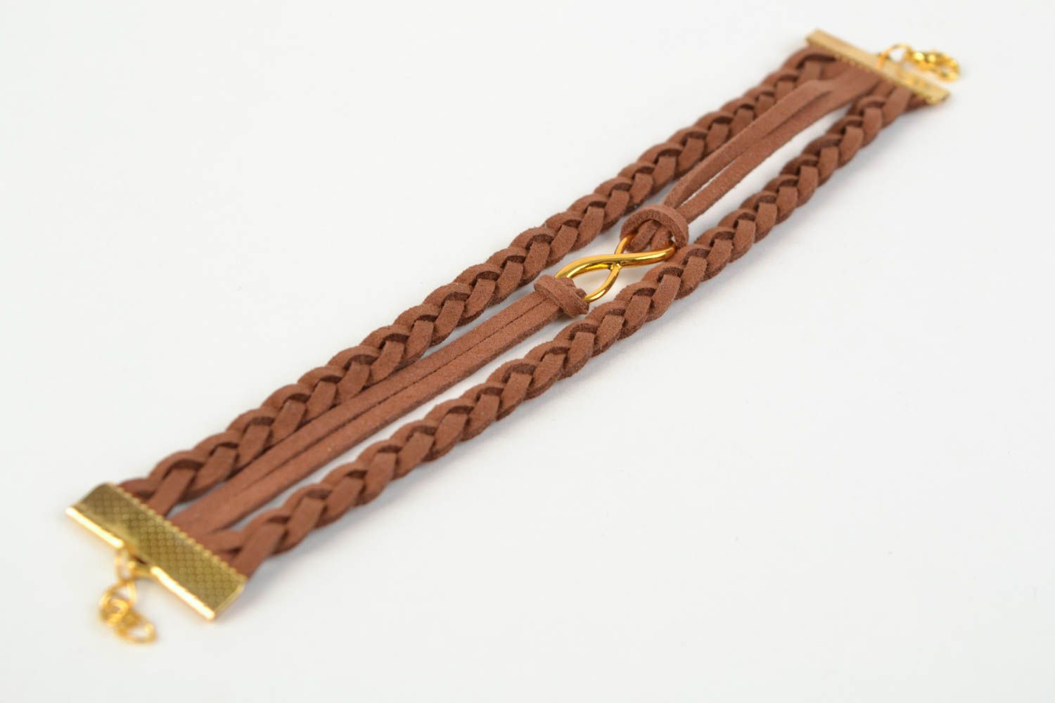 Brown woven suede cord bracelet with metal charm handmade photo 5