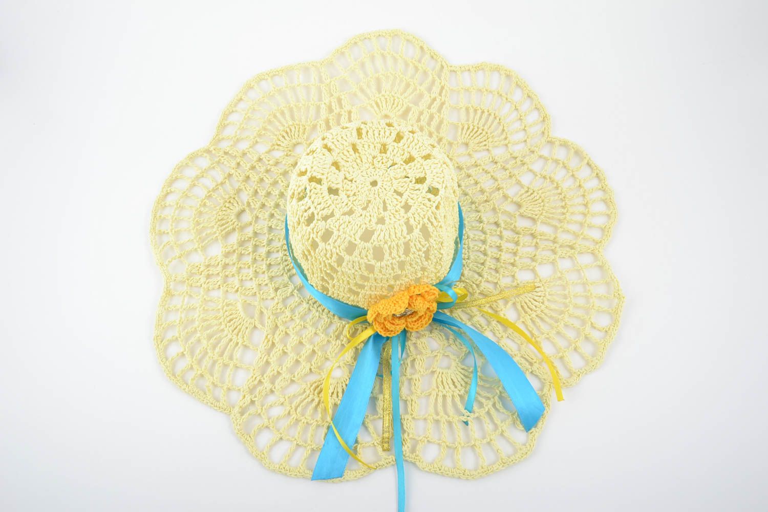 Handmade designer crocheted lacy summer hat with yellow flower and blue ribbon photo 3
